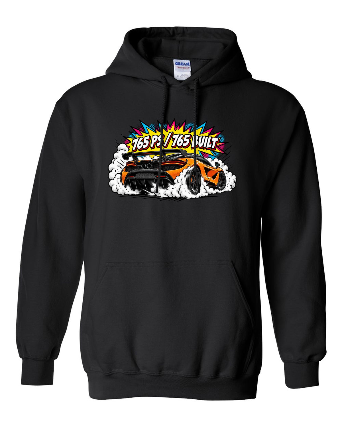 Comic halftone pop-art print of a McLaren 765LT burnout with 765 PS and 765 Built lettering black pull over hoodie front view with the design