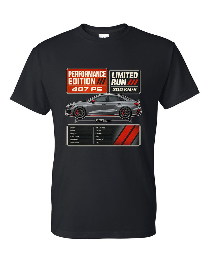 Grey and orange spec poster for the Audi RS3 8Y Performance Edition black t-shirt front view with the design