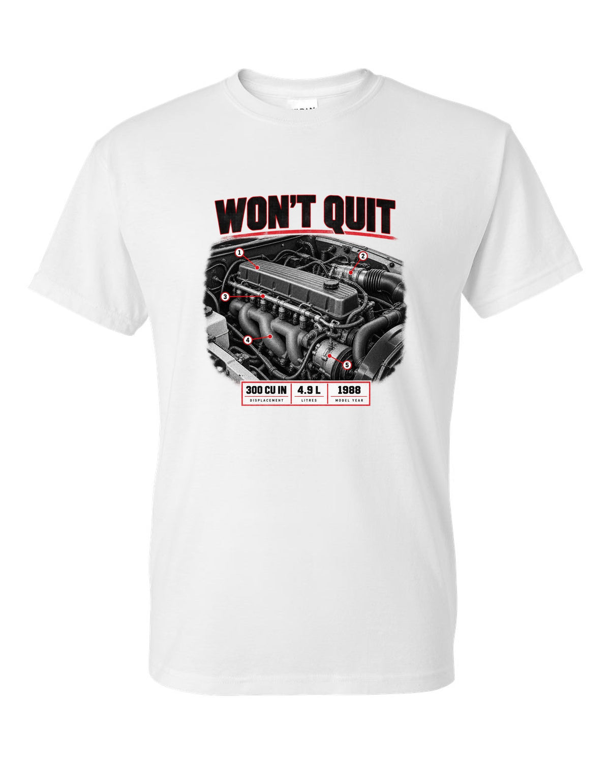 Engine print of a 1987-91 Ford F-150 Brick-Nose 4.9 inline six with 300 cu in text white t-shirt front view with the design