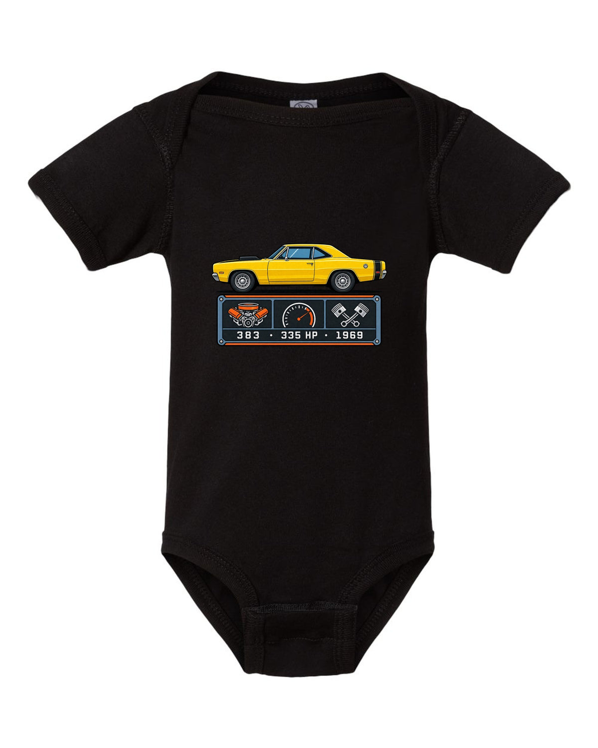 Spec-sheet data plate design for a 1969 Dodge Coronet Super Bee with 383 and 335 HP black baby onesie front view with the design