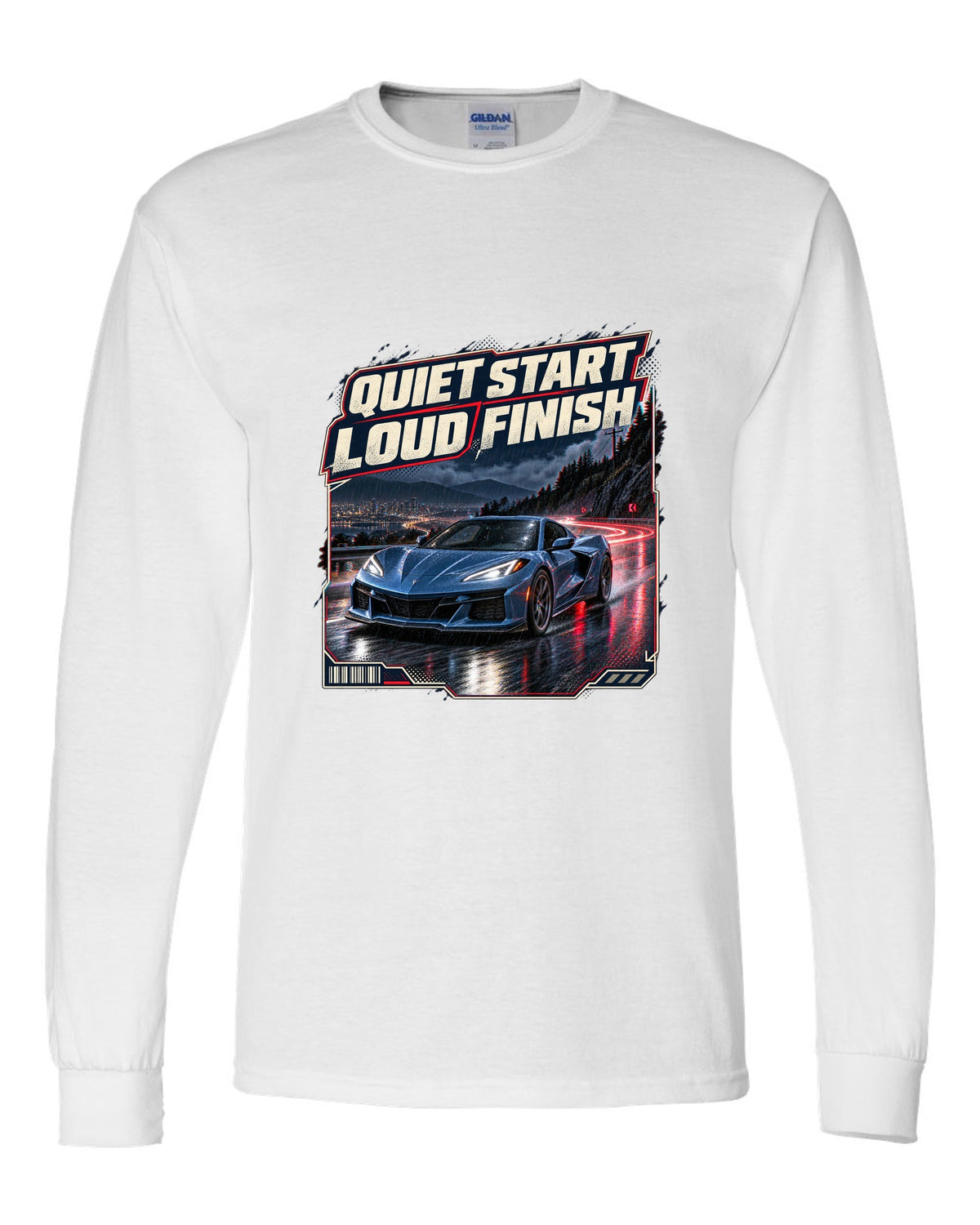 print of a Chevrolet Corvette C8 E-Ray on a wet night street with quiet start, loud finish text white long sleeve front view with the design