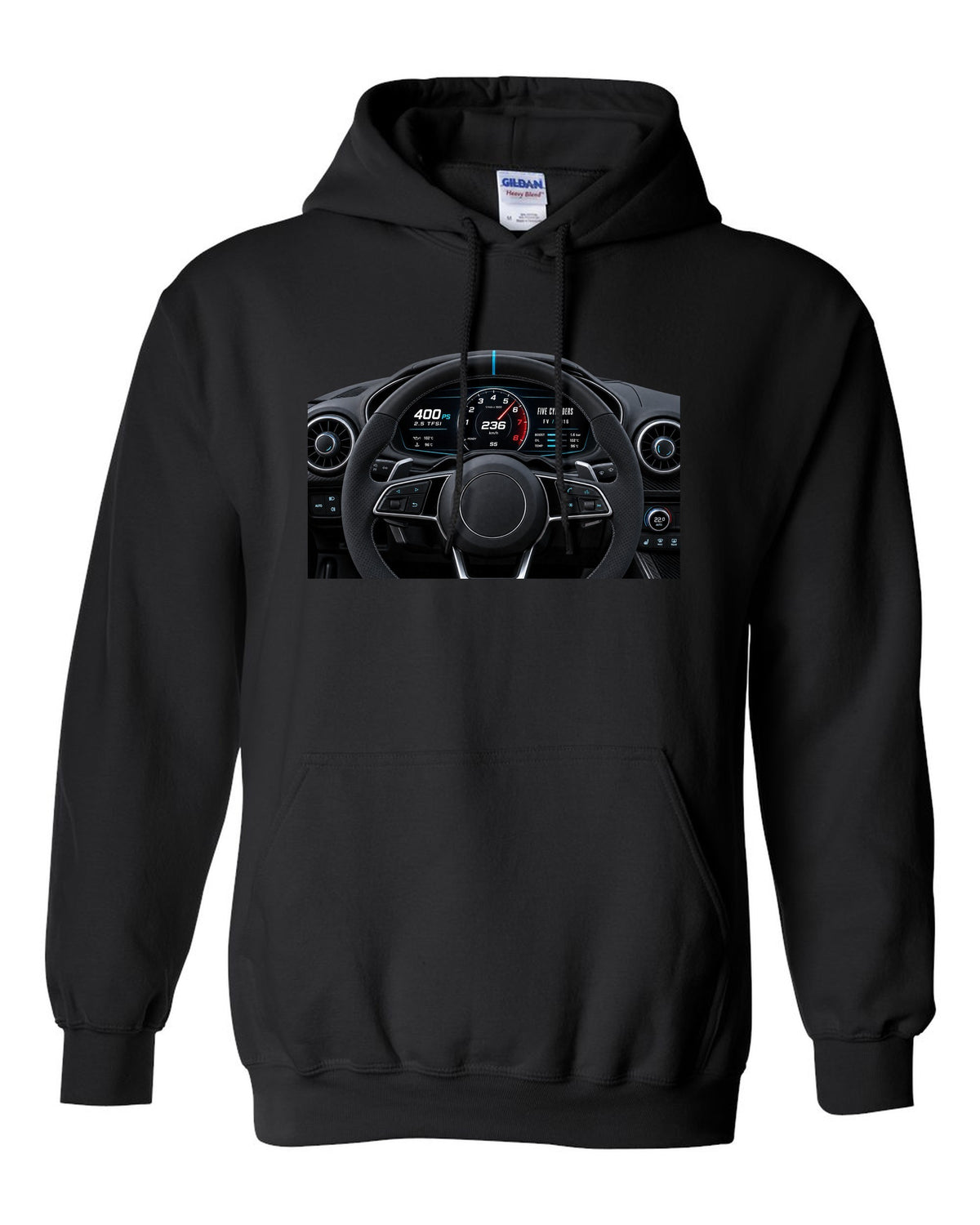 Audi TT RS FV virtual cockpit instrument cluster with 2.5 TFSI 400 PS text black pull over hoodie front view with the design