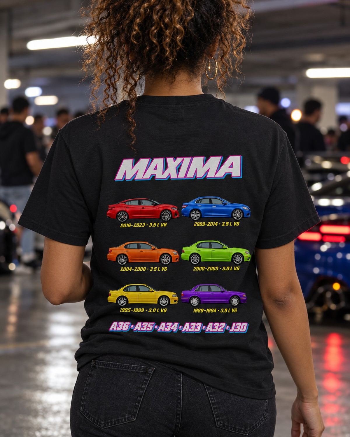 Nissan Maxima Evolution Poster Full-Back Graphic Tee T-Shirt Black worn hero