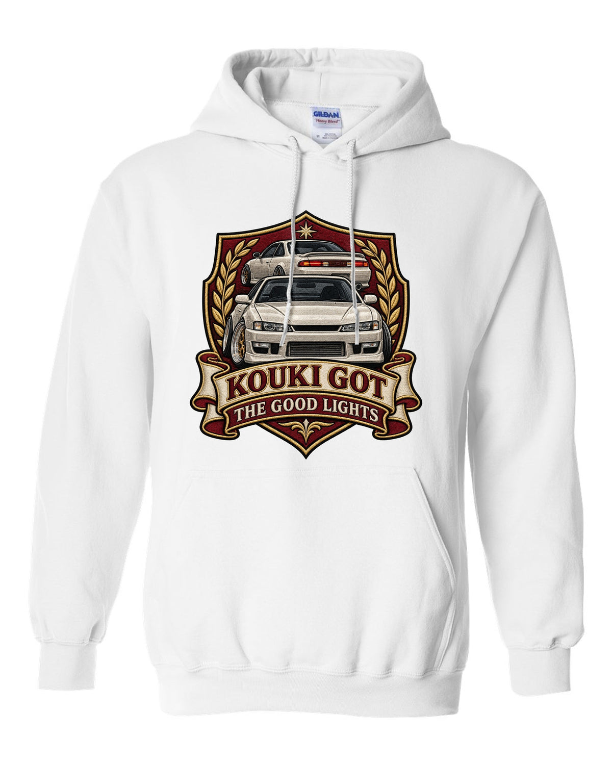 Embroidered shield crest print for the Nissan Silvia S14 kouki reading Kouki Got the Good Lights white pull over hoodie front view with the design