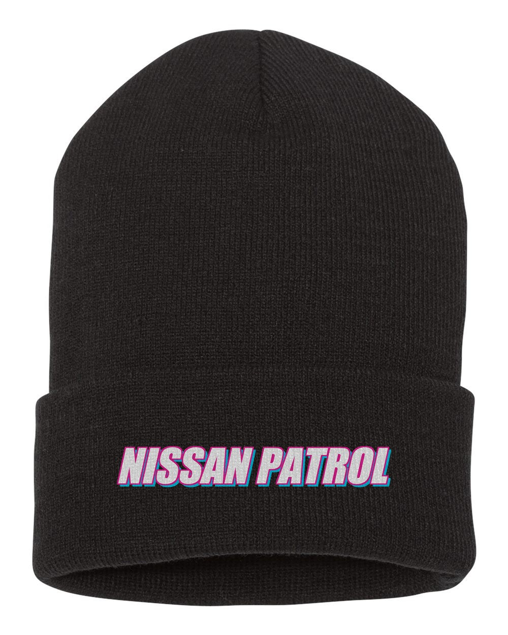 Nissan Patrol black beanie front view with car name