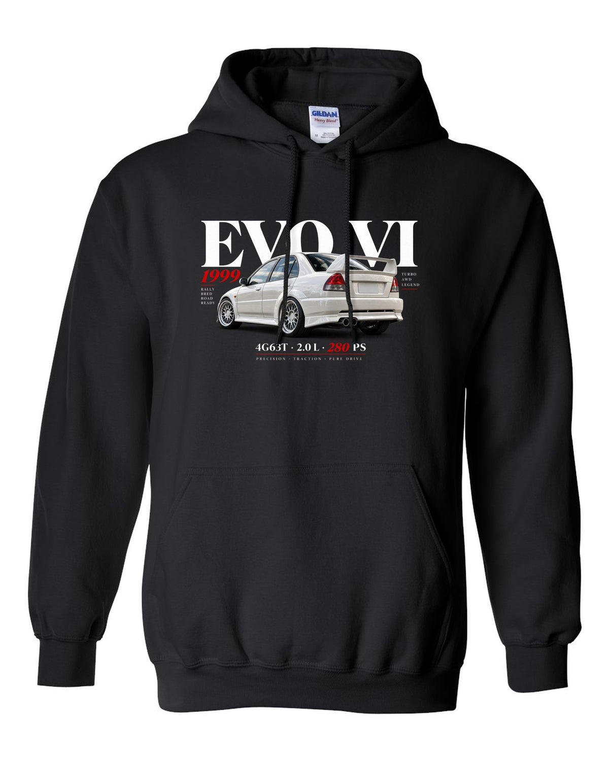 Mitsubishi Lancer Evolution VI TME CP9A editorial headline with 4G63T specs black pull over hoodie front view with the design
