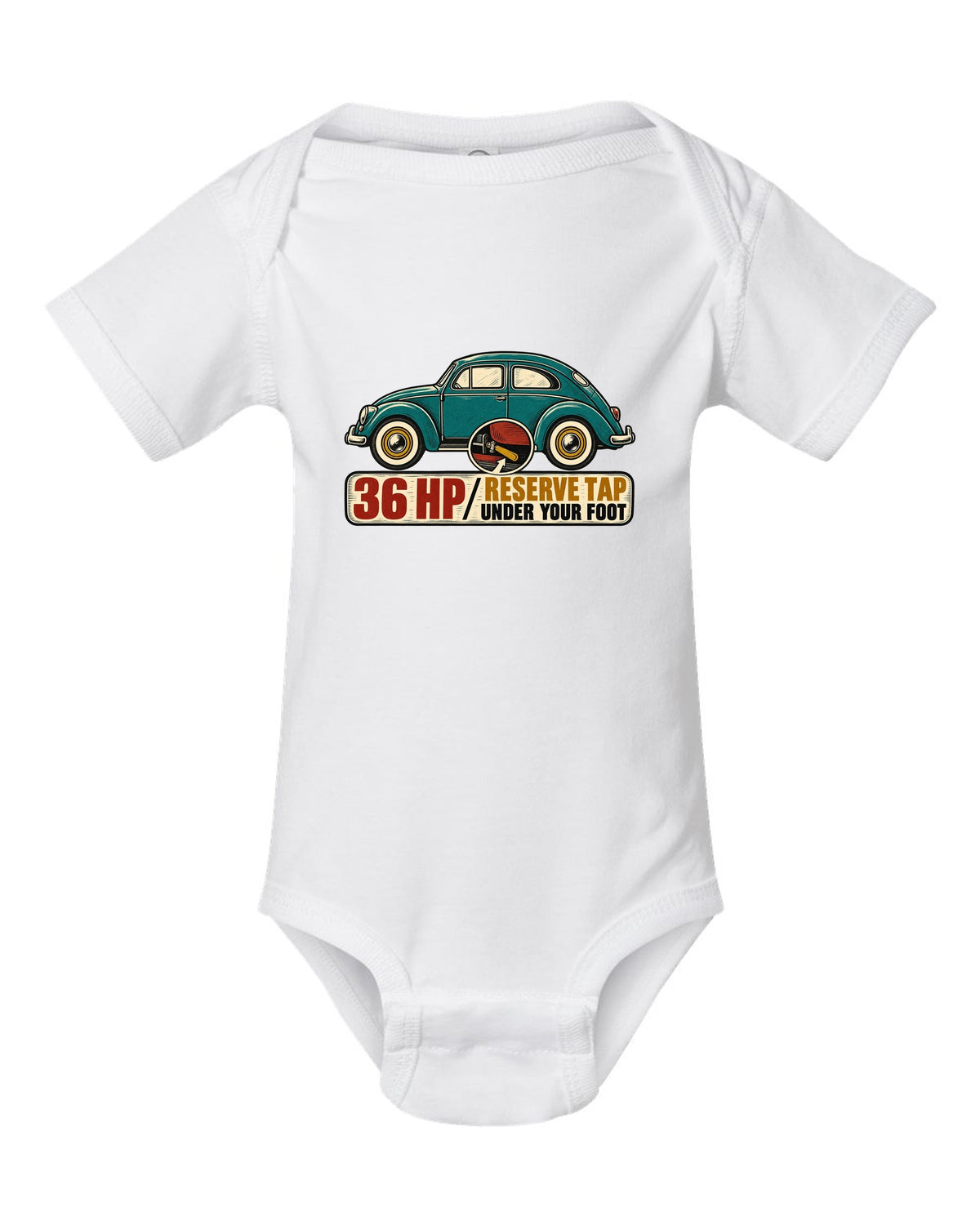 Multi-colour linocut of a 1955 oval-window VW Beetle with reserve tap lettering white baby onesie front view with the design