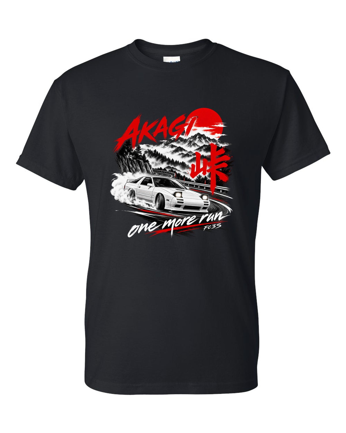 Night print of a Mazda RX-7 FC3S on Akagi with one more run lettering black t-shirt front view with the design