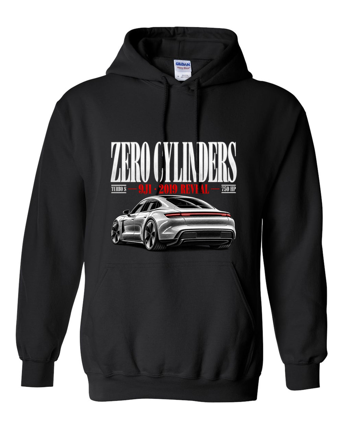 Porsche Taycan Turbo S 9J1 editorial headline with zero cylinders, 2019 reveal, 750 HP black pull over hoodie front view with the design