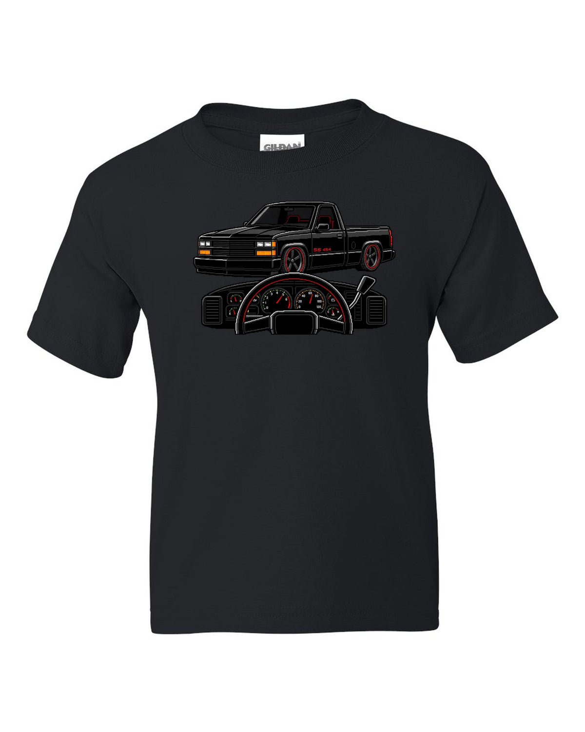 16-bit pixel art gauge print for a 1990-93 Chevrolet 454 SS pickup with SS 454 text black kids tee front view with the design