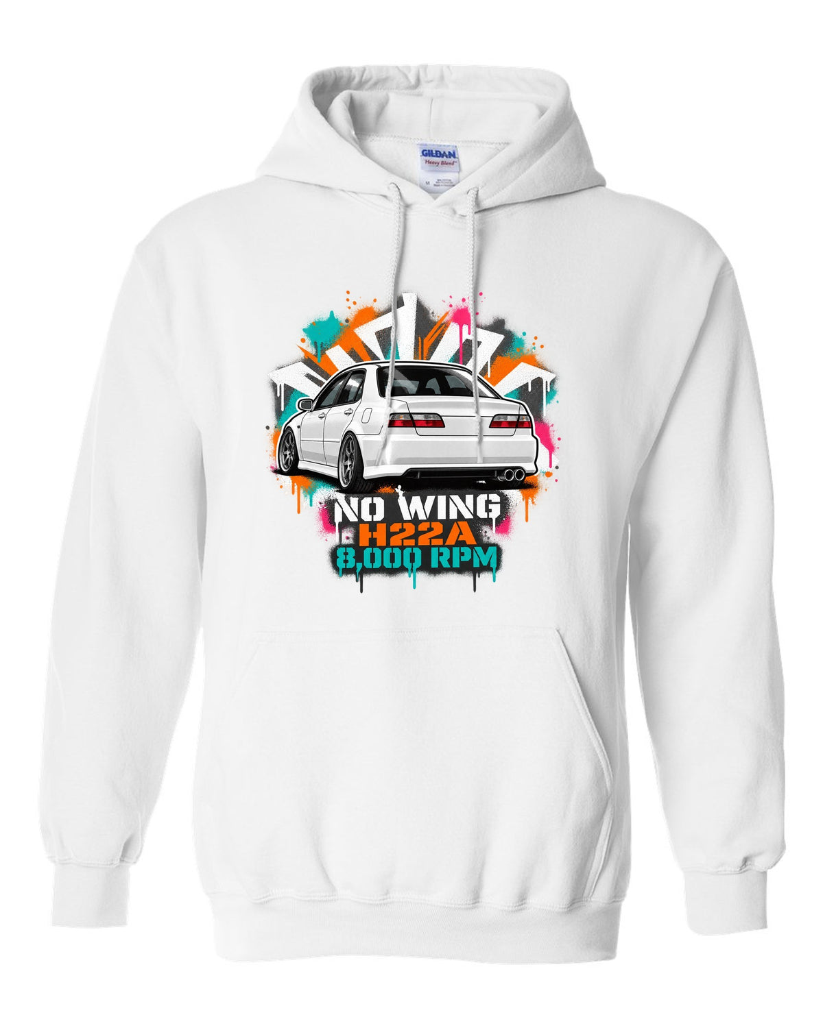 Stencil spray street art print of a Honda Accord Euro R CL1 with no wing H22A 8,000 RPM text white pull over hoodie front view with the design