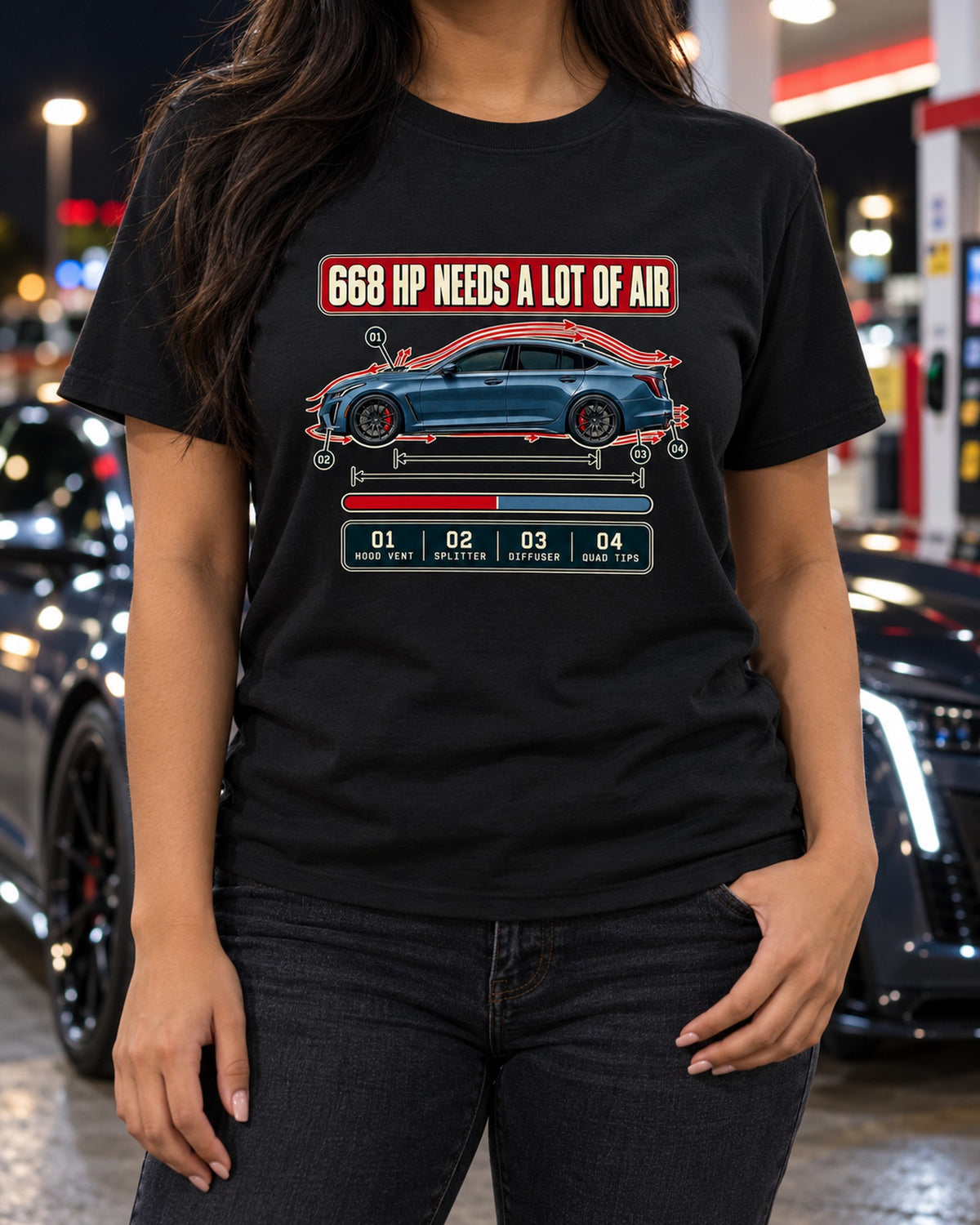 Cadillac CT5-V Blackwing Aero Callouts Shirt, Hood Vent, Diffuser T-Shirt Black worn hero