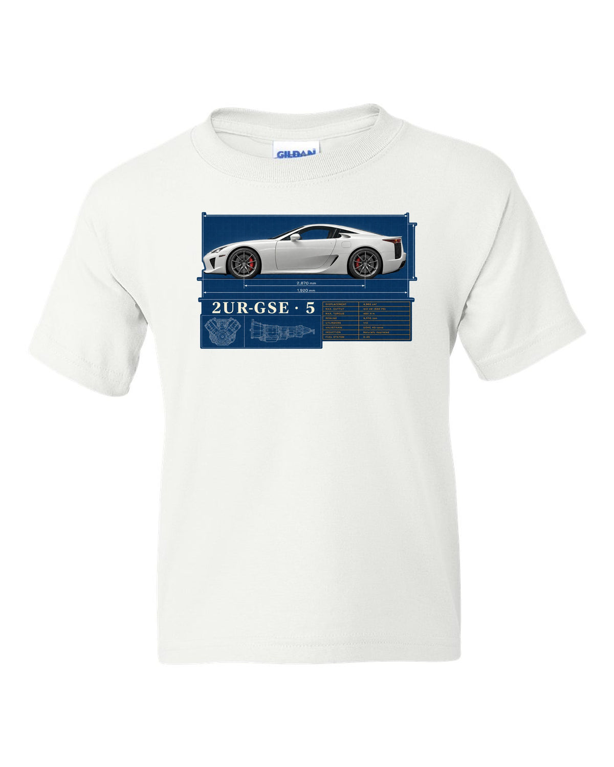 Spec poster of the Lexus LFA10 with power, weight and top speed figures white kids tee front view with the design