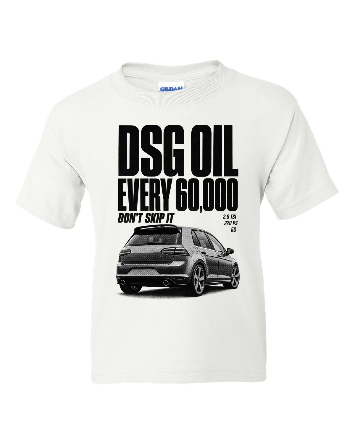 Halftone print of a VW Golf Mk7 GTI rear three-quarter with DSG oil service reminder text white kids tee front view with the design
