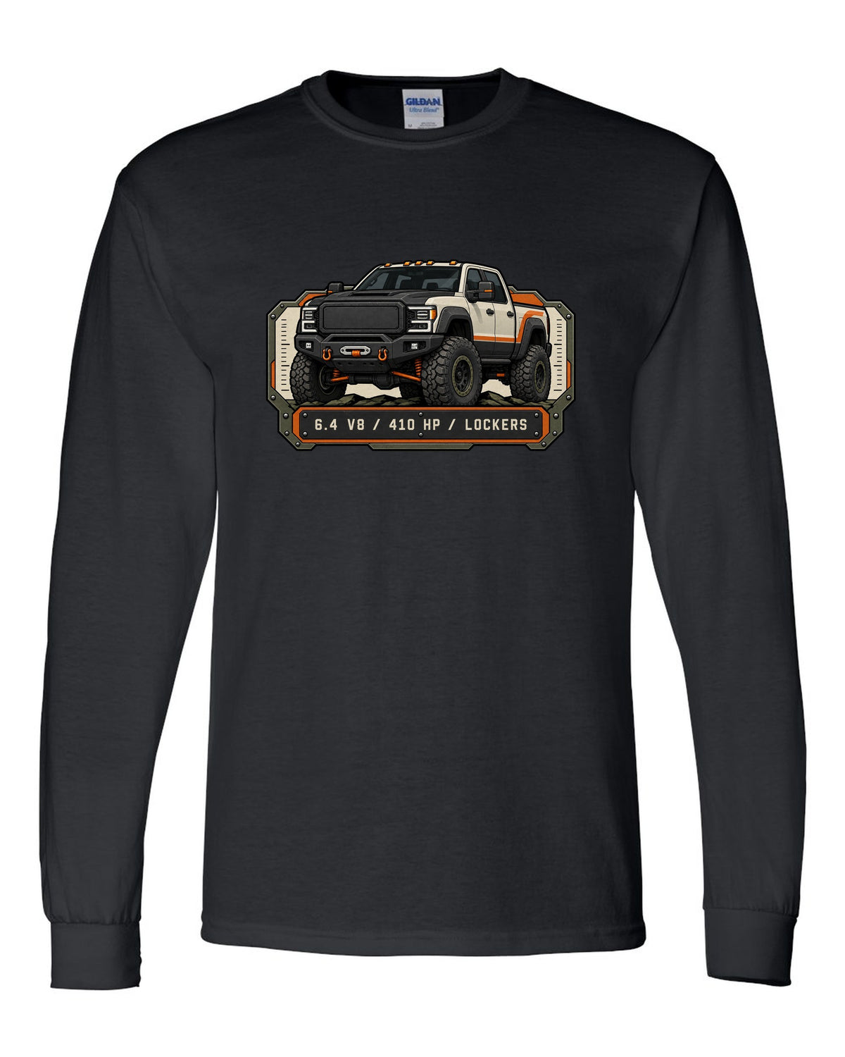 Spec-sheet data plate print of a Ram Power Wagon 2500 winch bumper with 6.4 V8 410 HP lockers text black long sleeve front view with the design