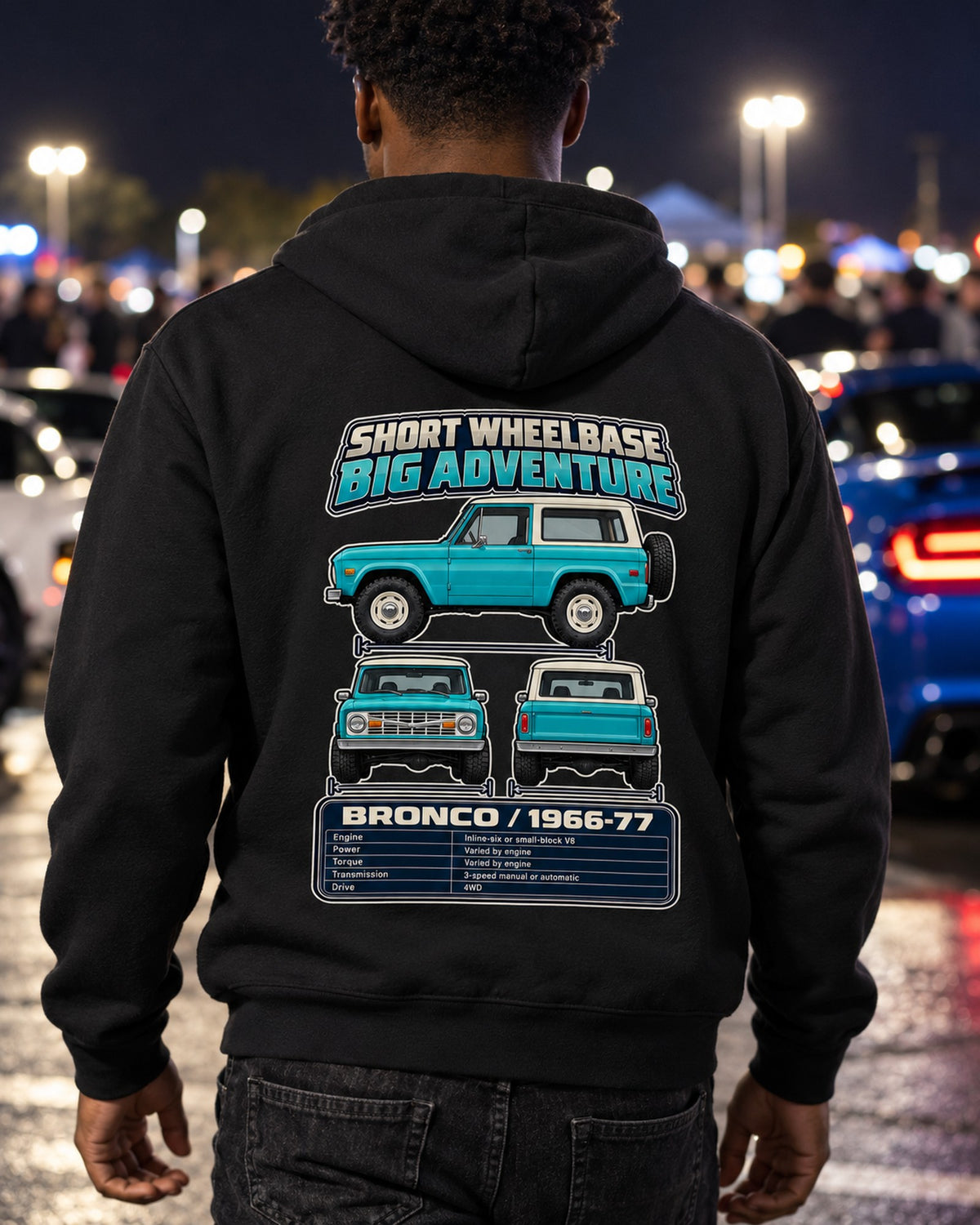 Ford Early Bronco Spec Sheet Full-Back Graphic Tee Zip Hoodie Black worn hero