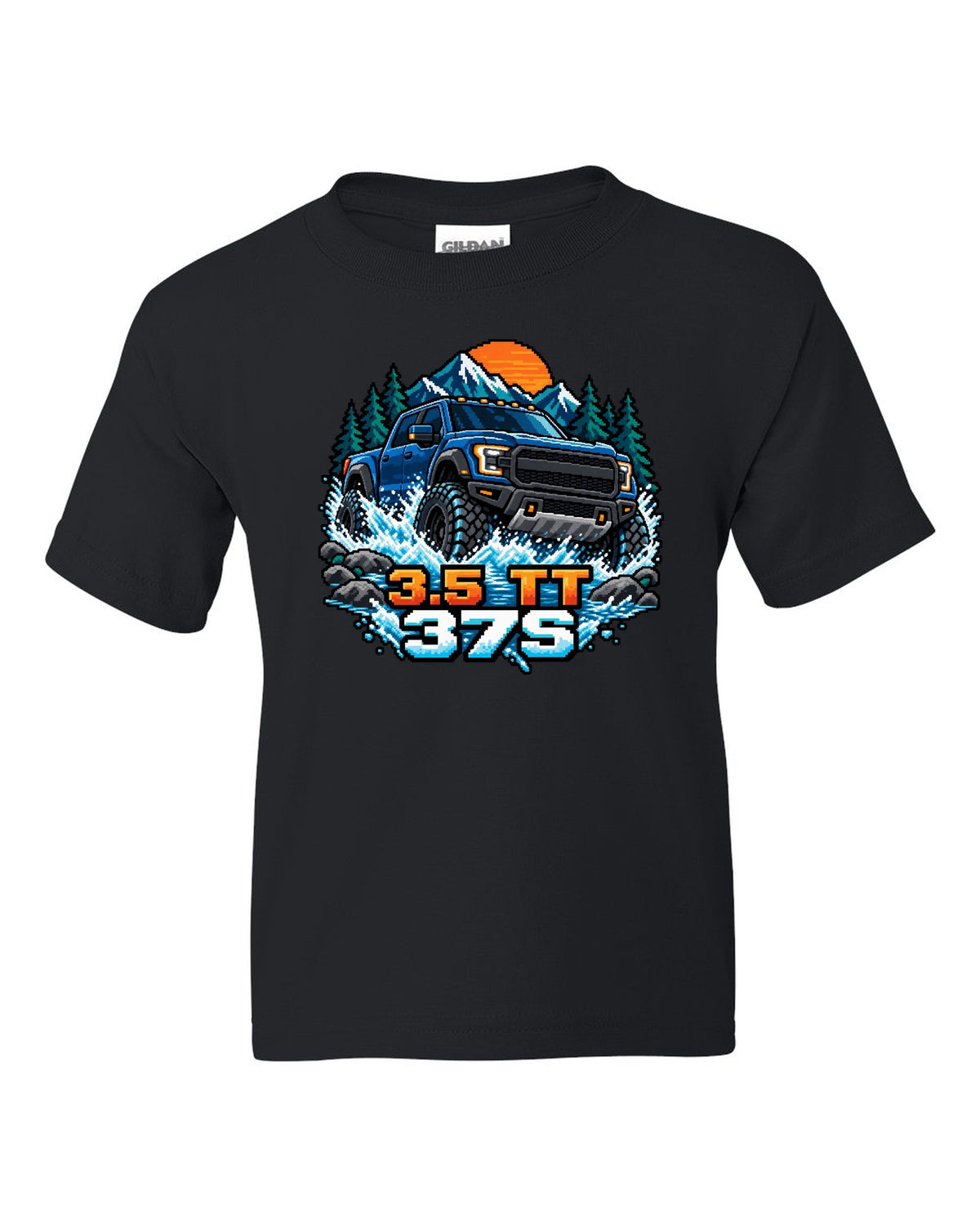 8/16-bit pixel art print of a Ford F-150 Raptor Gen 3 P702 crossing a river black kids tee front view with the design