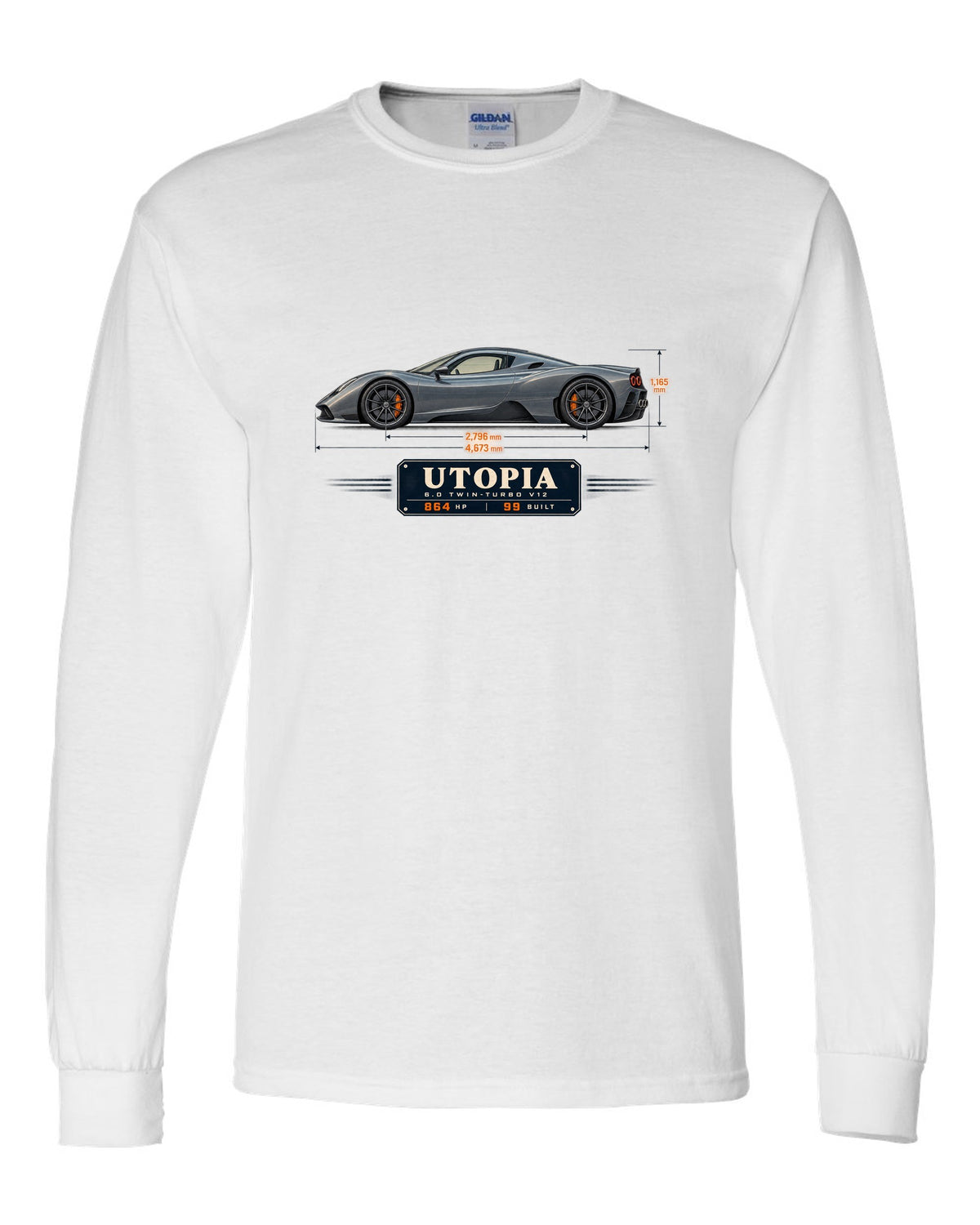 Blueprint print of the Pagani Utopia coupe with the text 6.0 twin-turbo V12, 864 hp, 99 built white long sleeve front view with the design
