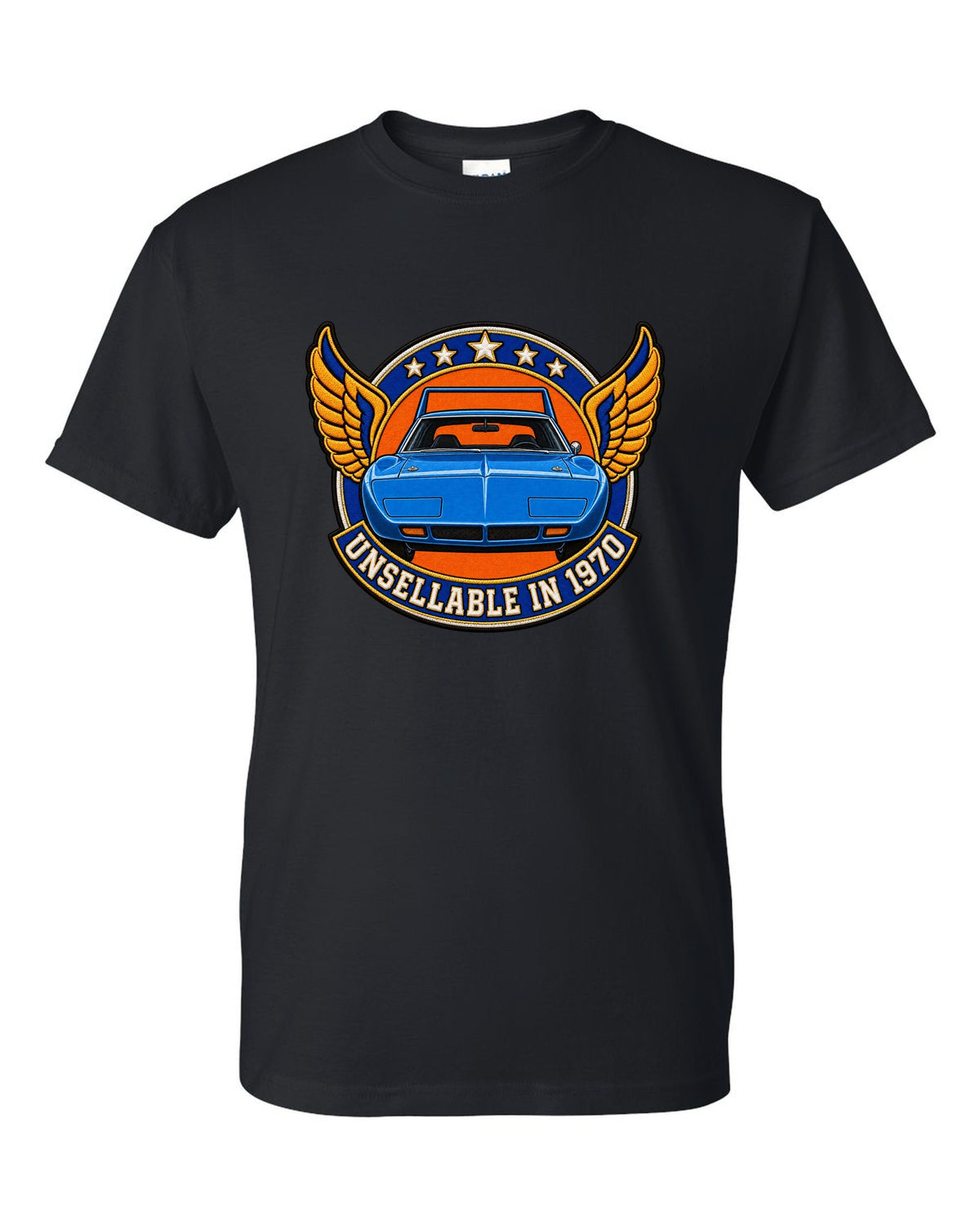 Embroidery-style varsity crest for the 1970 Plymouth Superbird with unsellable in 1970 text black t-shirt front view with the design