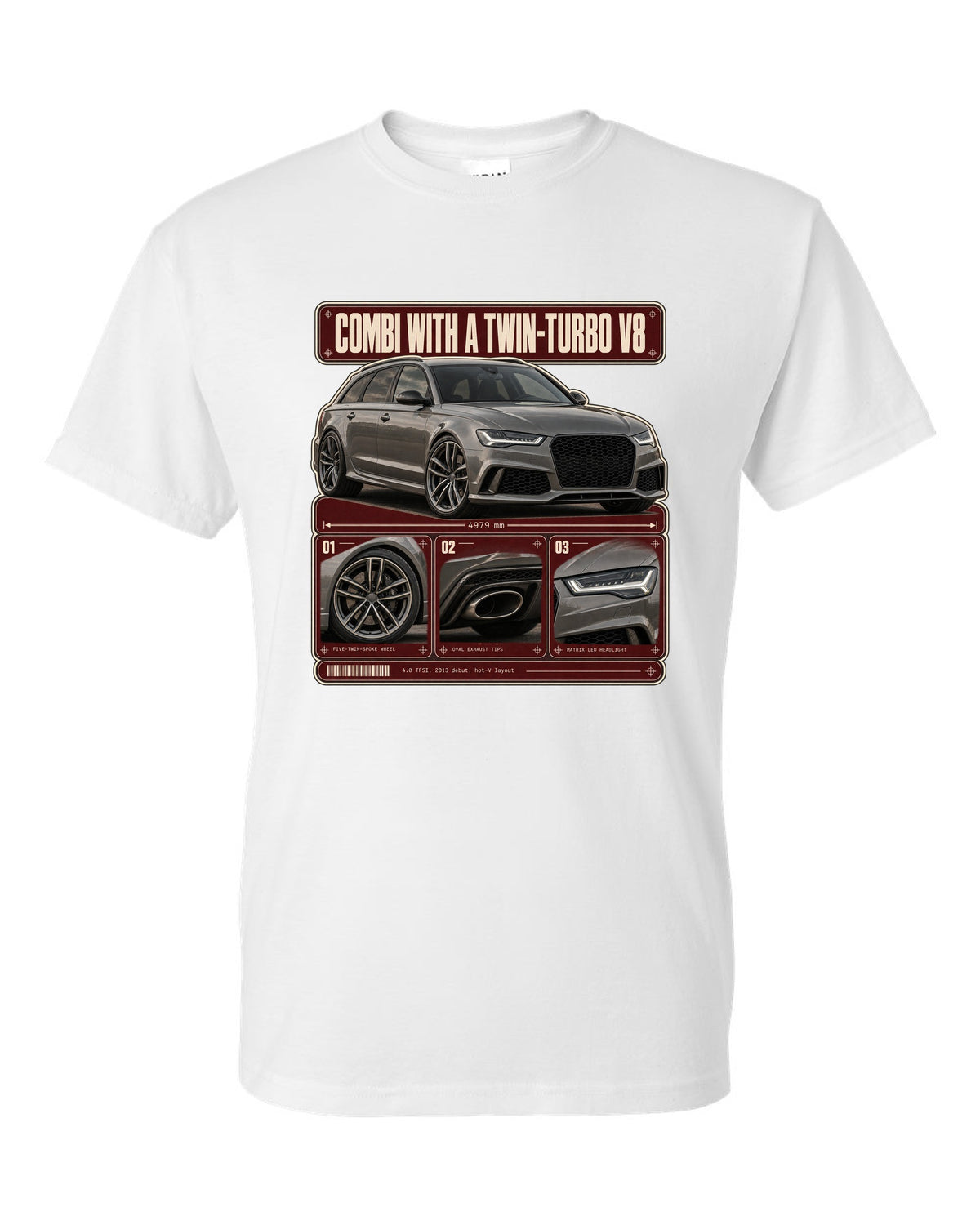 Audi RS6 Avant C7 warm grey dossier panels print white t-shirt front view with the design