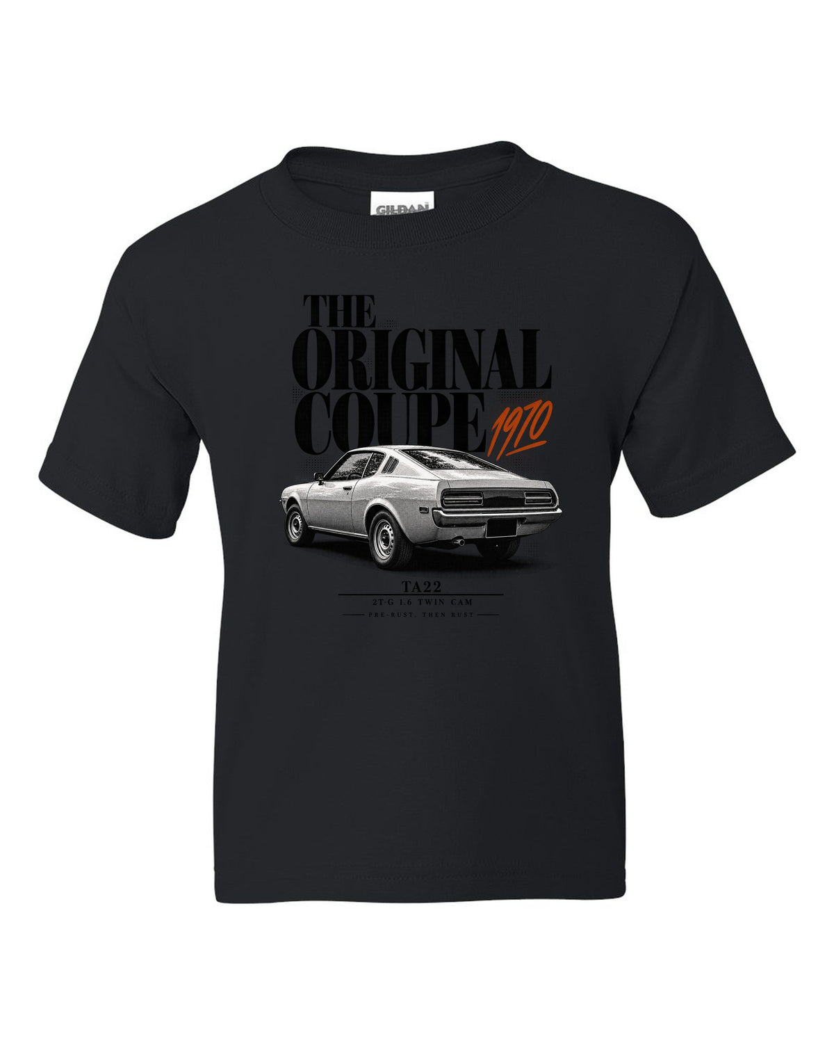 Editorial headline print of a Toyota Celica TA22 coupe with 2T-G 1.6 twin cam text black kids tee front view with the design