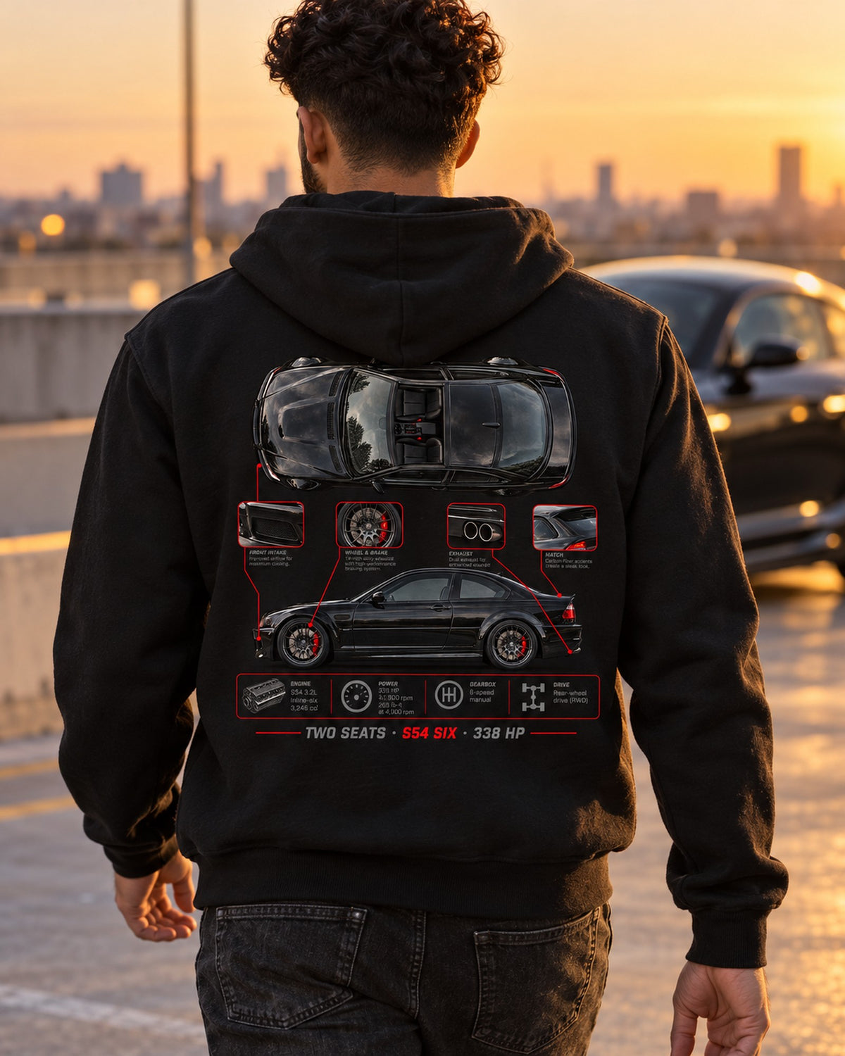 BMW Z4 M Coupe E86 Spec Poster Shirt, S54 Six 338 HP Zip Hoodie Black worn hero