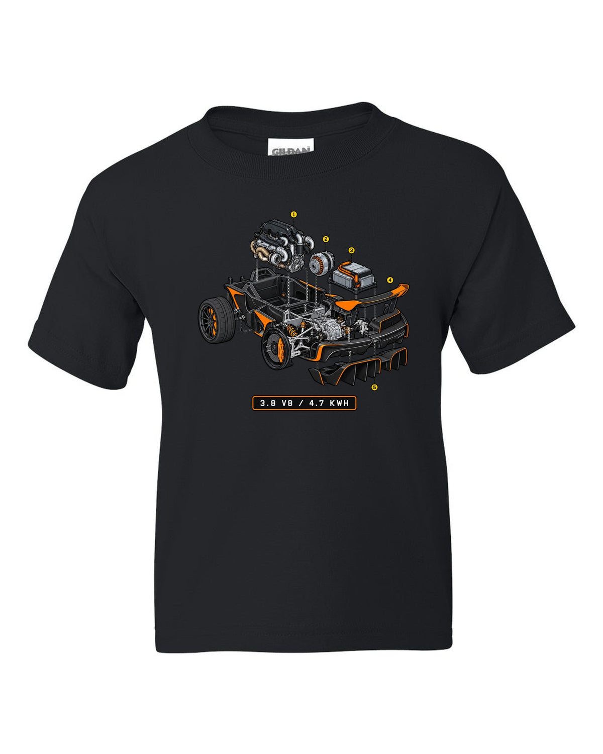 Exploded isometric cutaway print of the McLaren P1 with 3.8 V8 and 4.7 kWh lettering black kids tee front view with the design