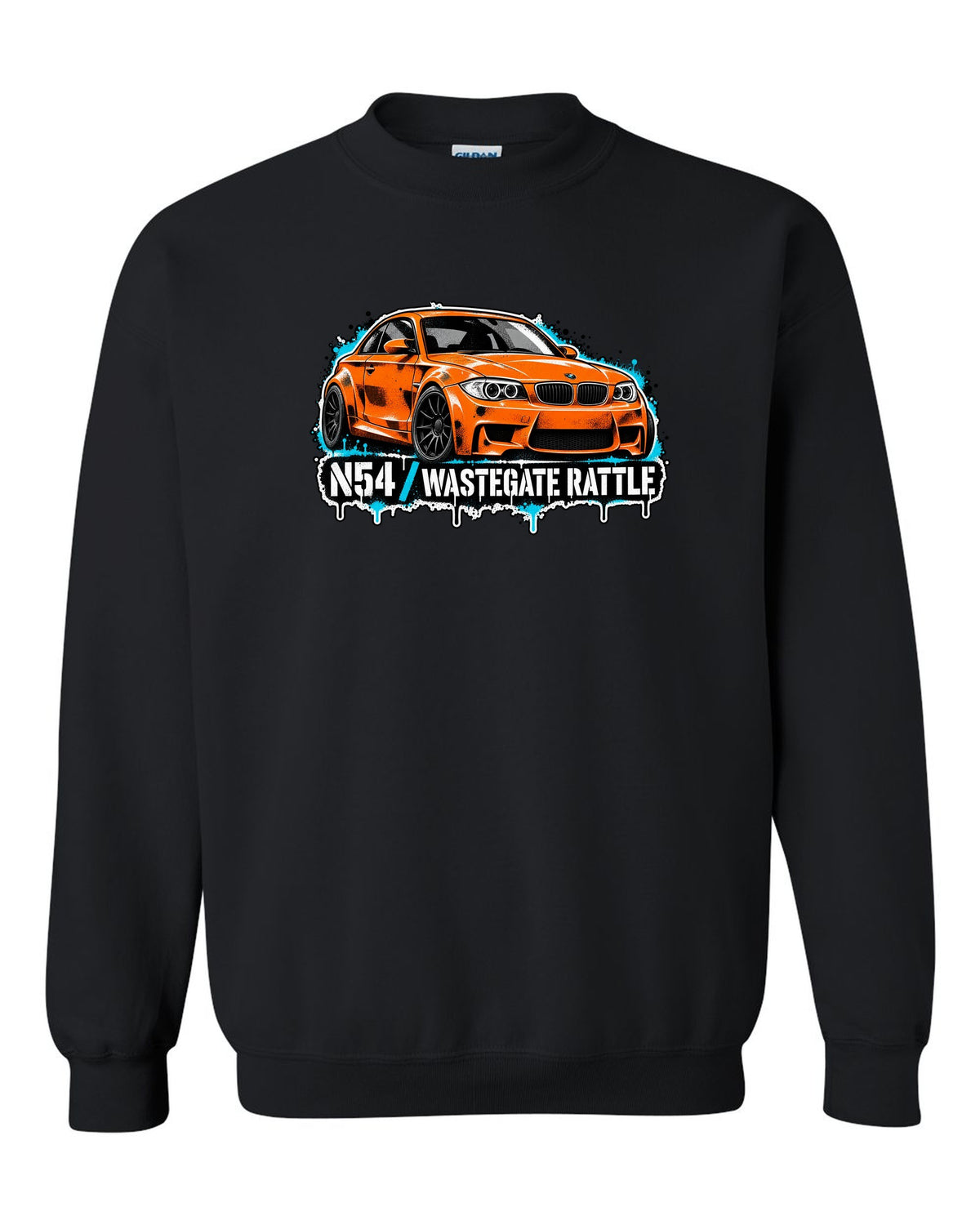 Embroidery-style varsity crest print of a BMW M1 E26 with louvre rear text black crewneck front view with the design