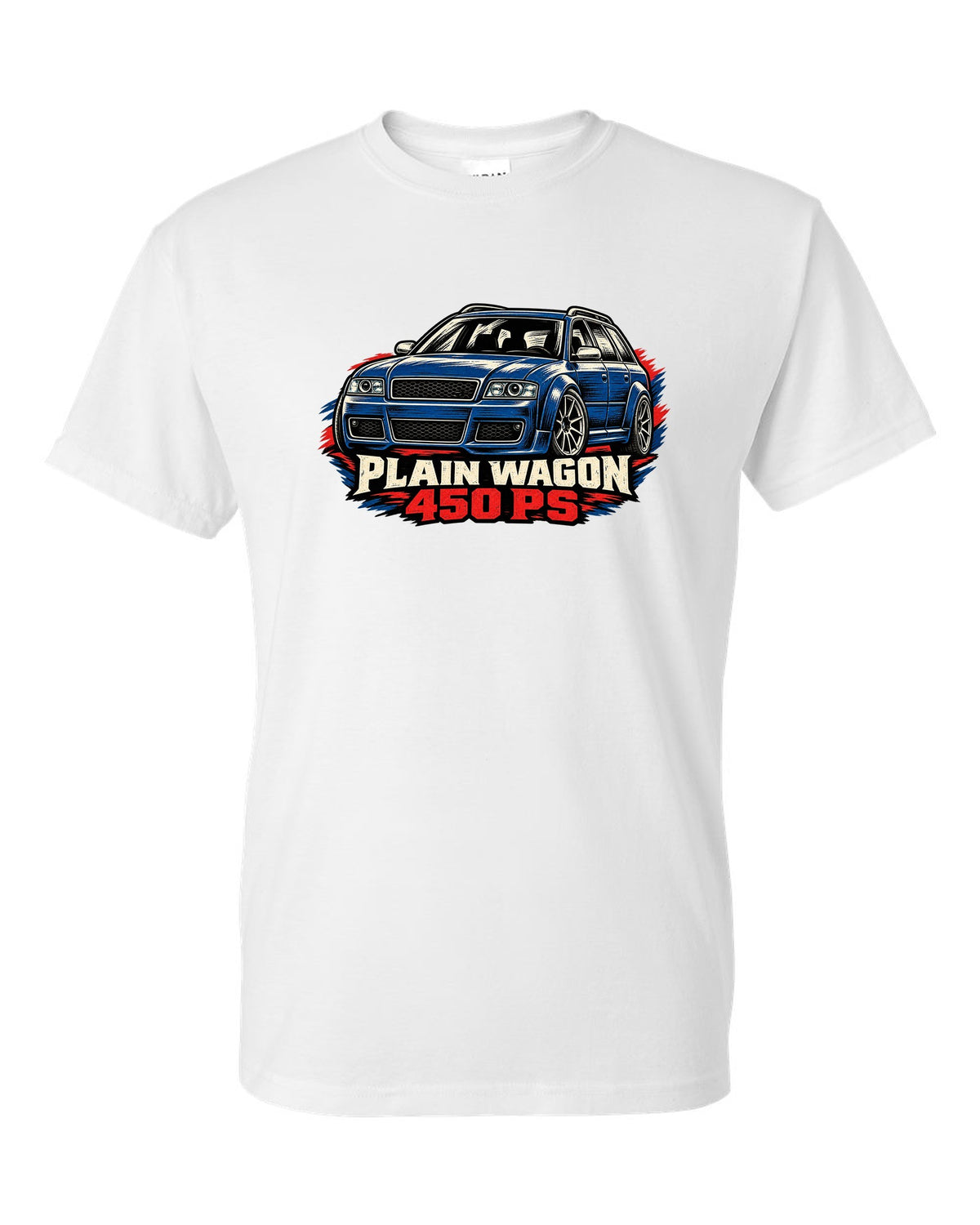 Linocut woodcut design of the Audi RS6 Avant C5 4B with plain wagon and 450 PS lettering white t-shirt front view with the design