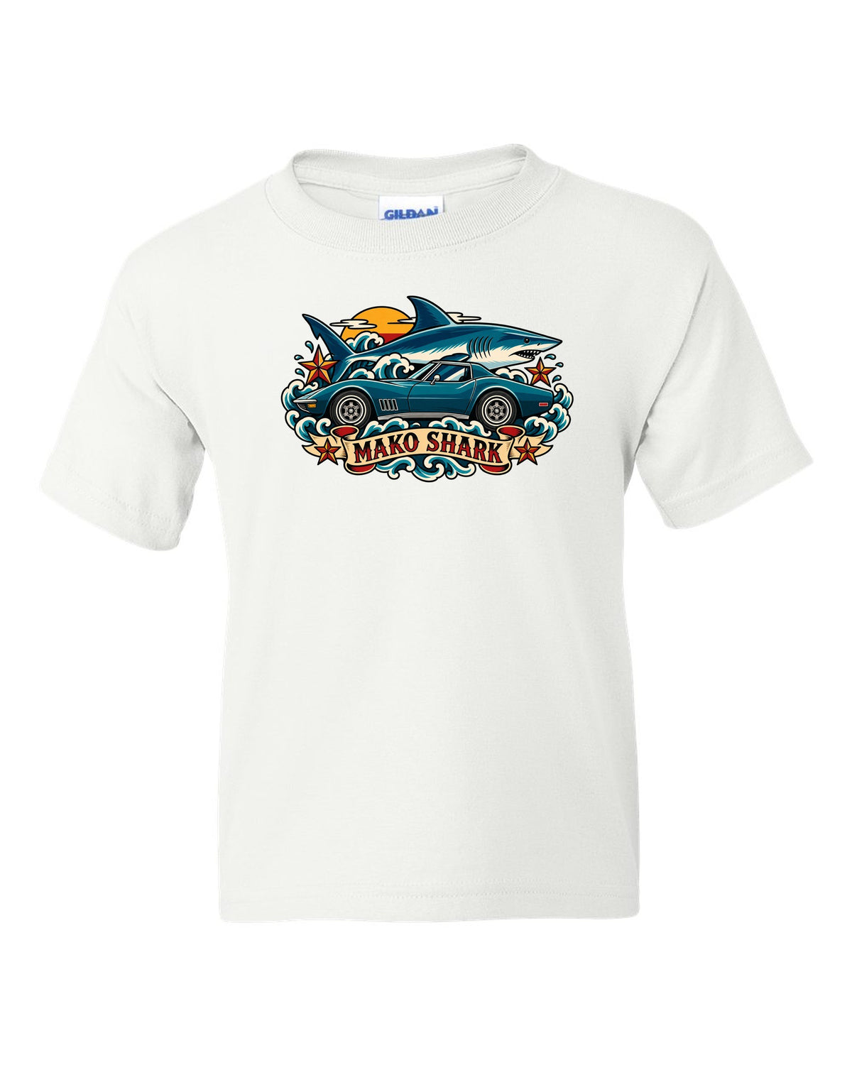 Retro tattoo flash print of a 1968 Chevrolet Corvette C3 Stingray with Mako Shark lettering white kids tee front view with the design