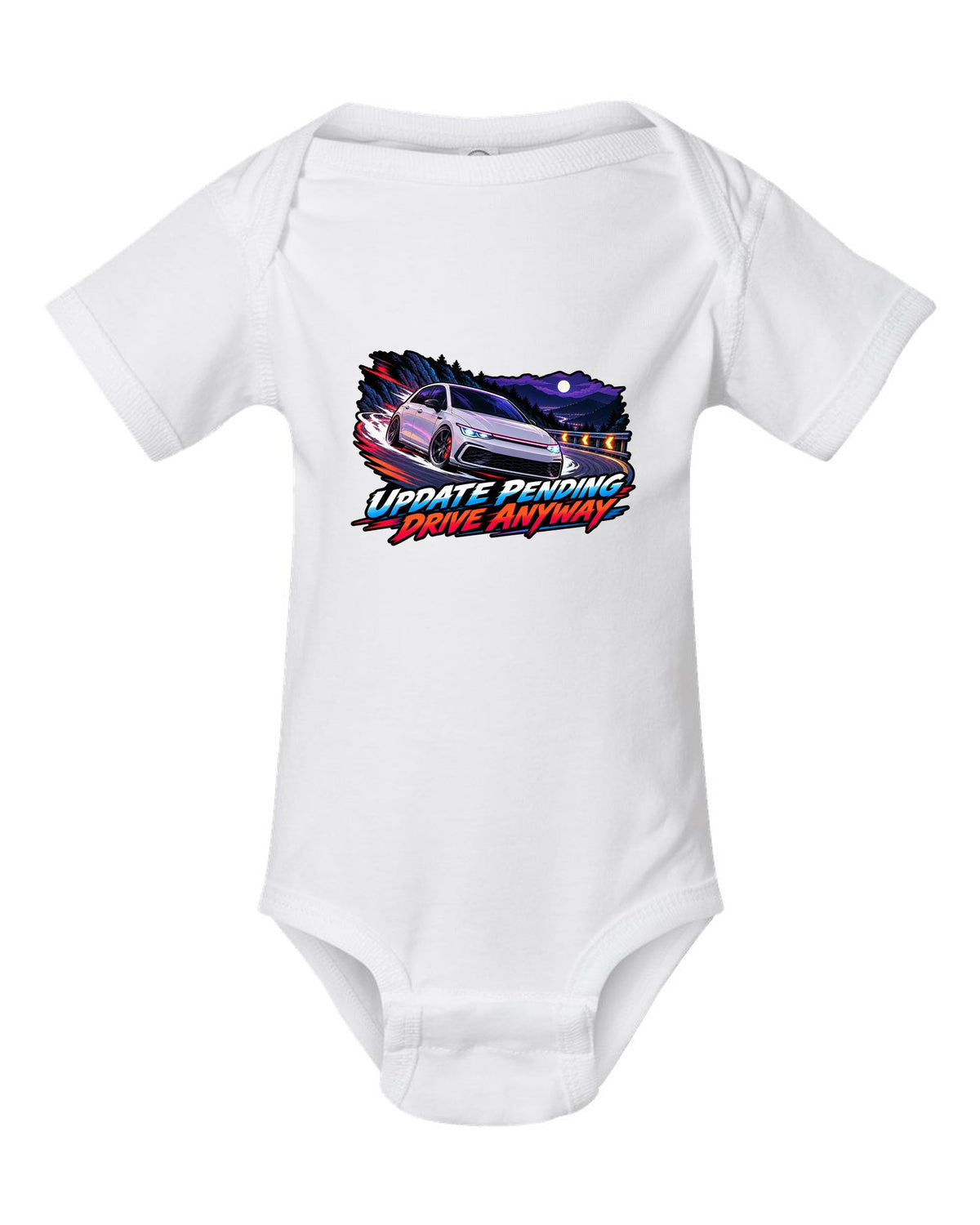 Cel-shaded anime night touge scene of a VW Golf Mk8 GTI with update pending drive anyway text white baby onesie front view with the design