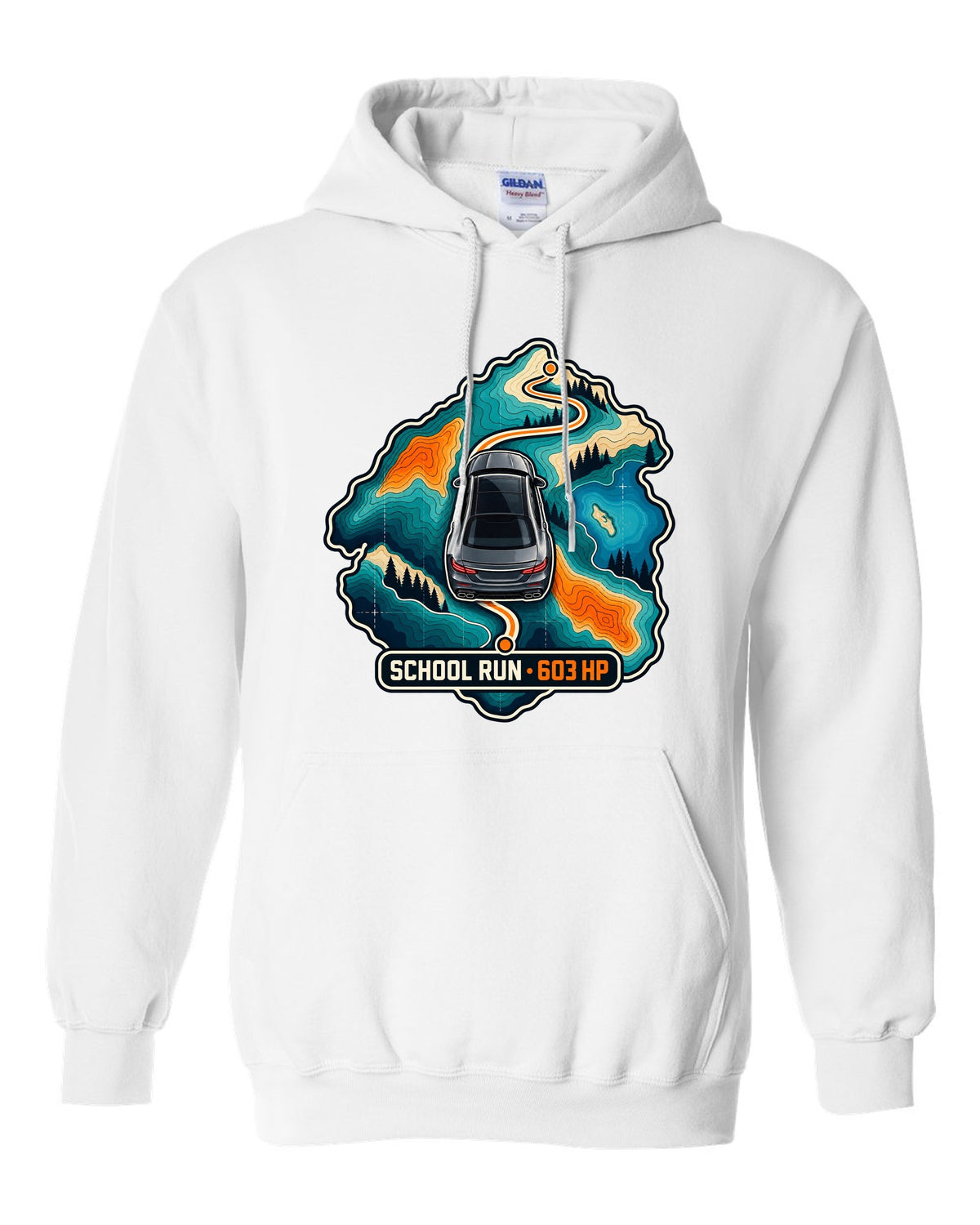 Topographic route map graphic reading School Run 603 HP for a Mercedes E63 W213, print white pull over hoodie front view with the design