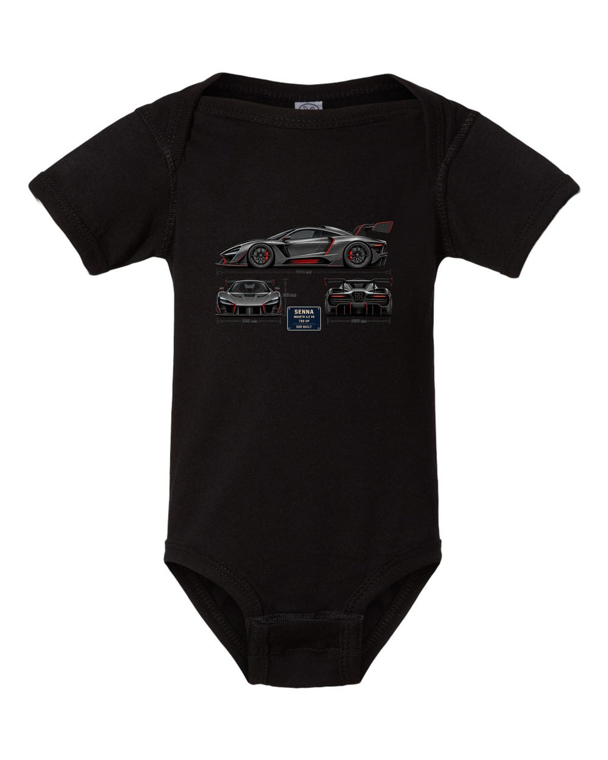 Three-view and spec table print of a McLaren Senna in graphite and red black baby onesie front view with the design