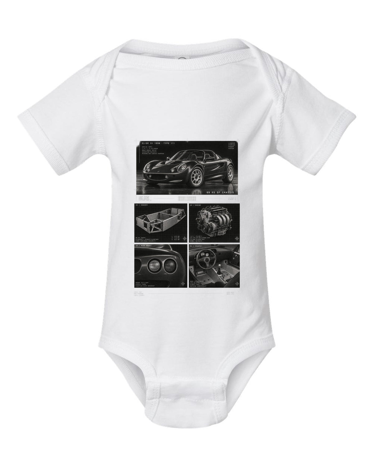 Dossier panel print of a 1996 Lotus Elise S1 Type 111 with 68 kg of chassis text white baby onesie front view with the design