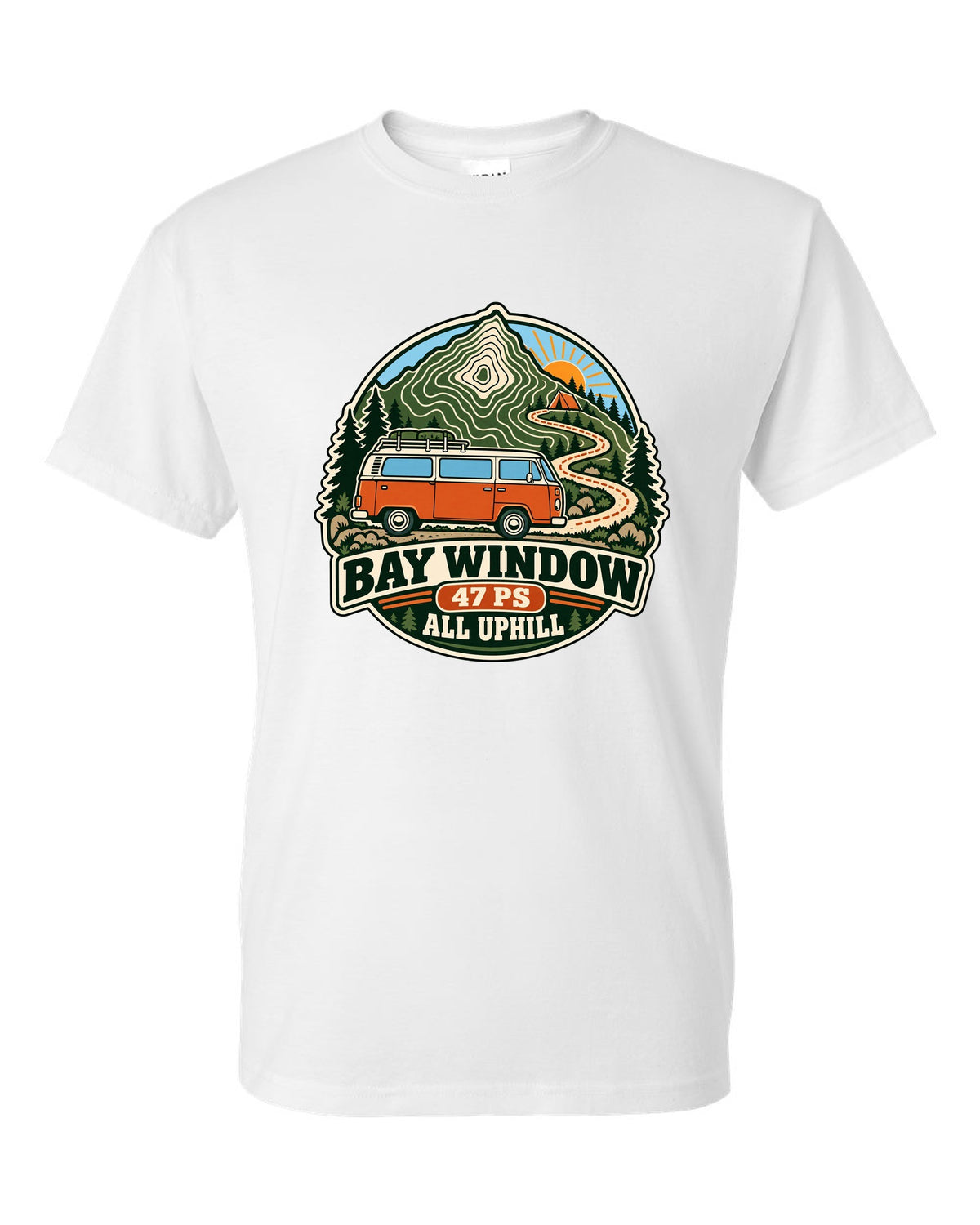 Topographic route map style print of a VW Bus T2 Bay Window with 47 PS all uphill text white t-shirt front view with the design