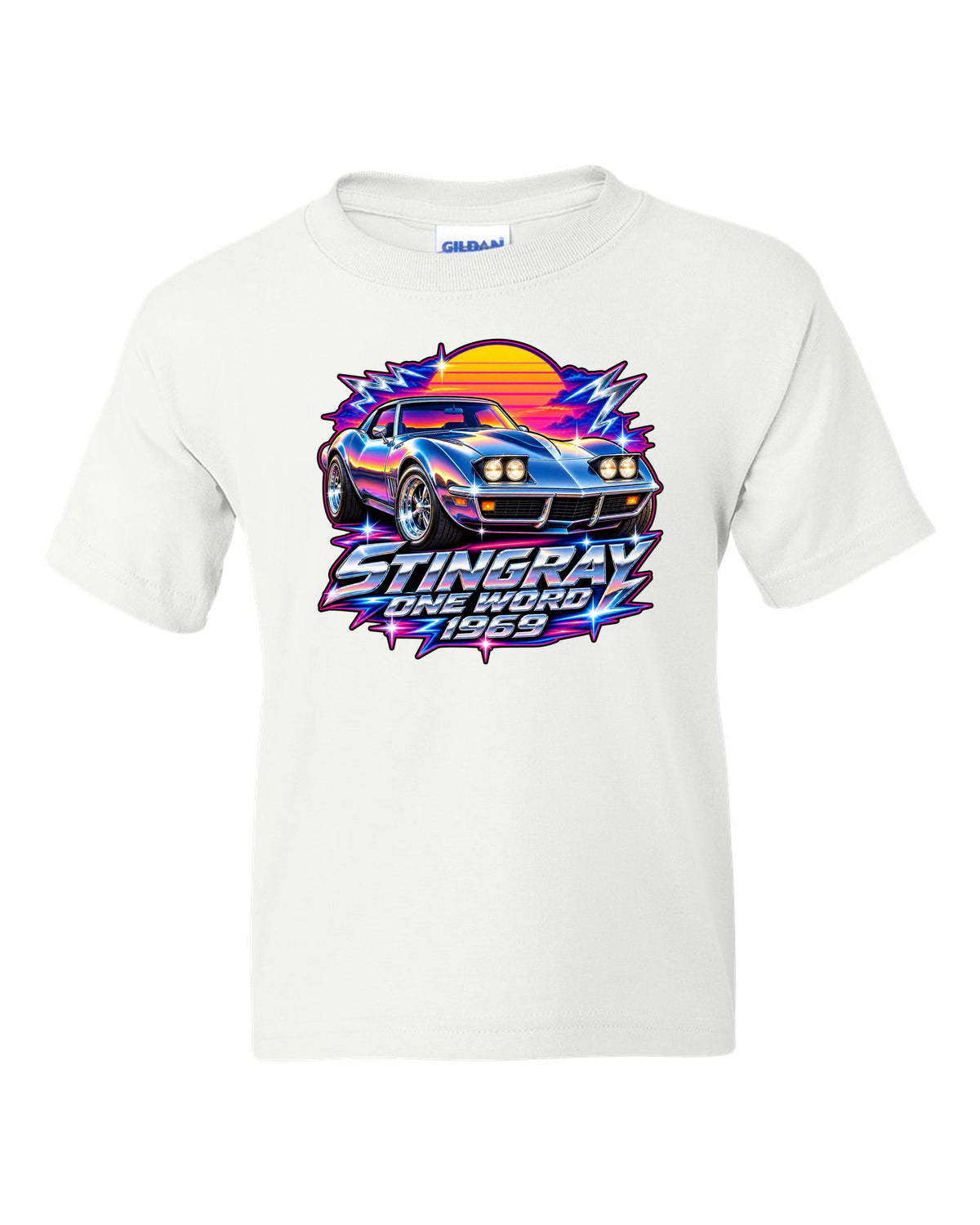 80s chrome airbrush print of a 1969 Chevrolet Corvette C3 Stingray with Stingray One Word 1969 text white kids tee front view with the design