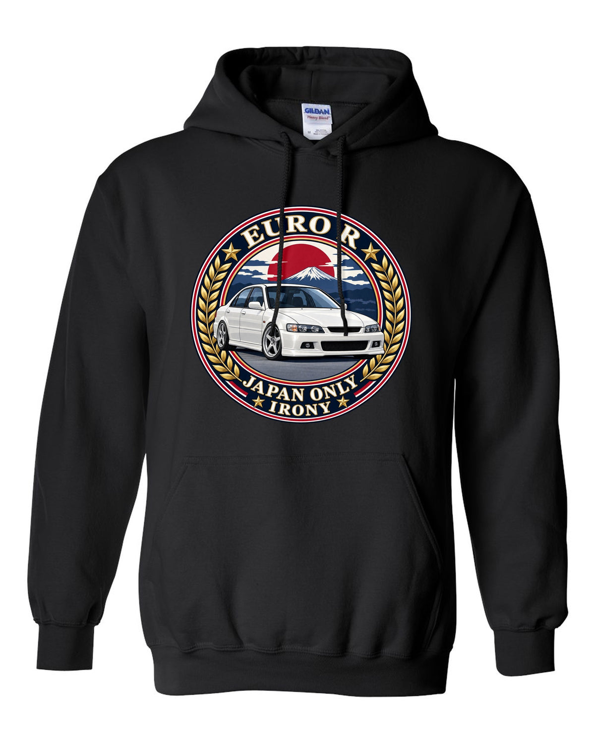 Crest layout print for the Honda Accord Euro R CL1 with Japan Only text black pull over hoodie front view with the design