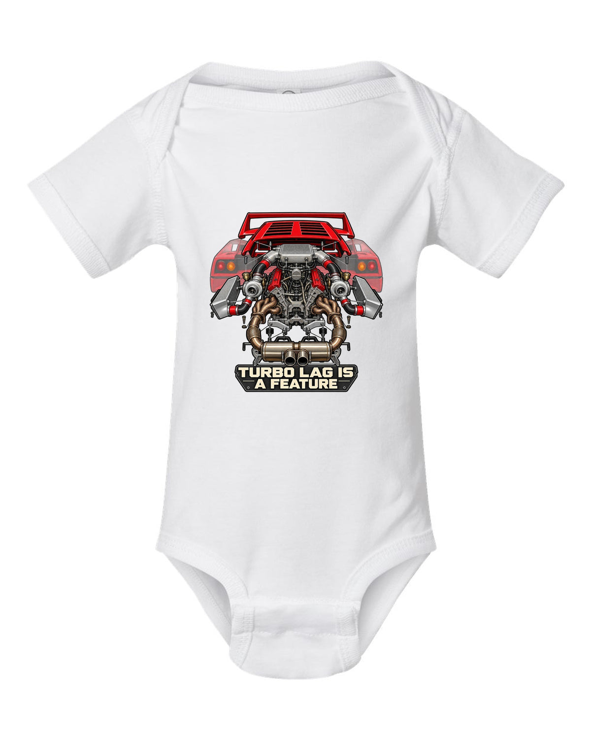 Exploded engine cutaway print of a Ferrari F40 F120 with turbo lag is a feature text white baby onesie front view with the design