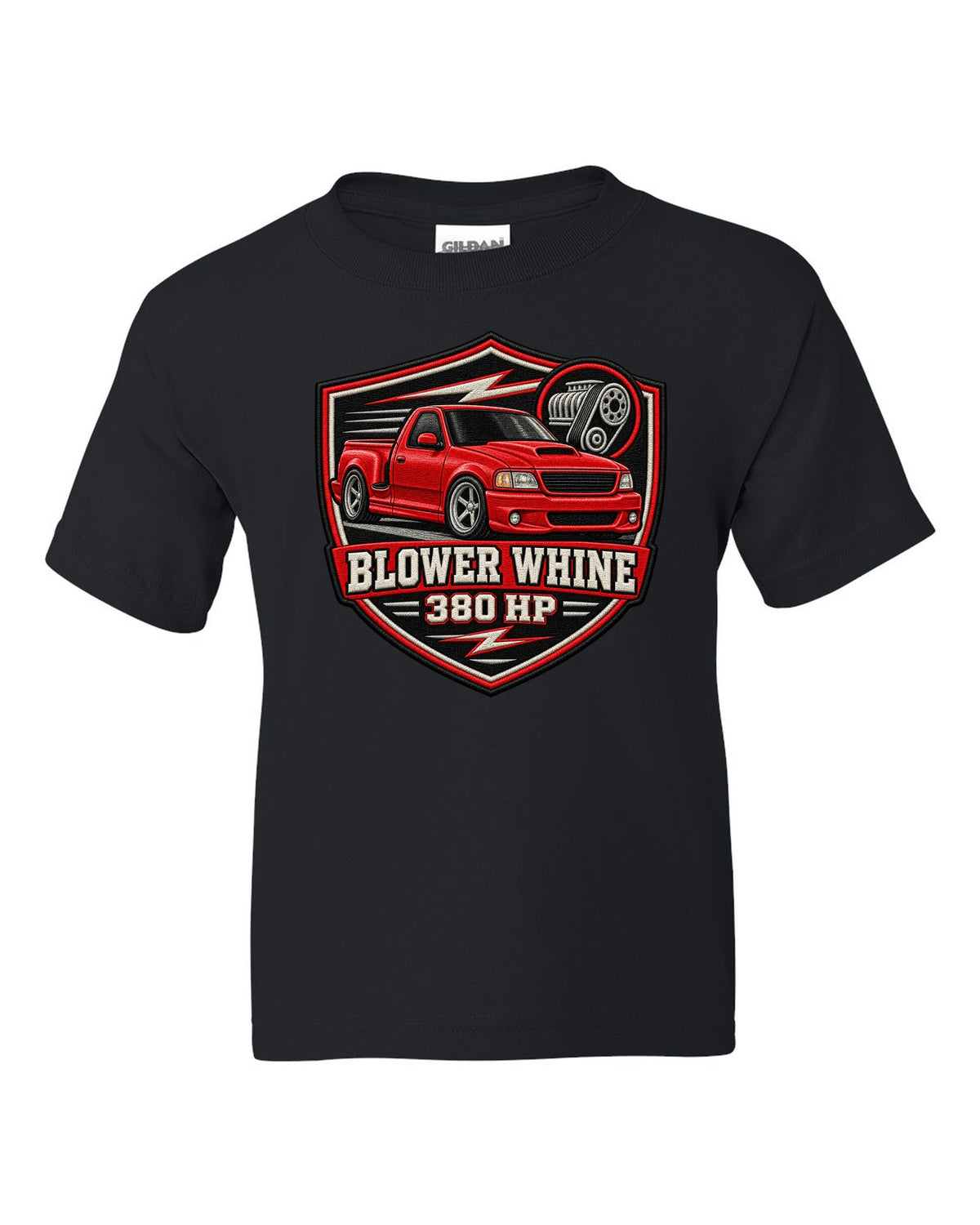 Ford F-150 SVT Lightning 1999-2004 in an embroidered varsity crest print black kids tee front view with the design