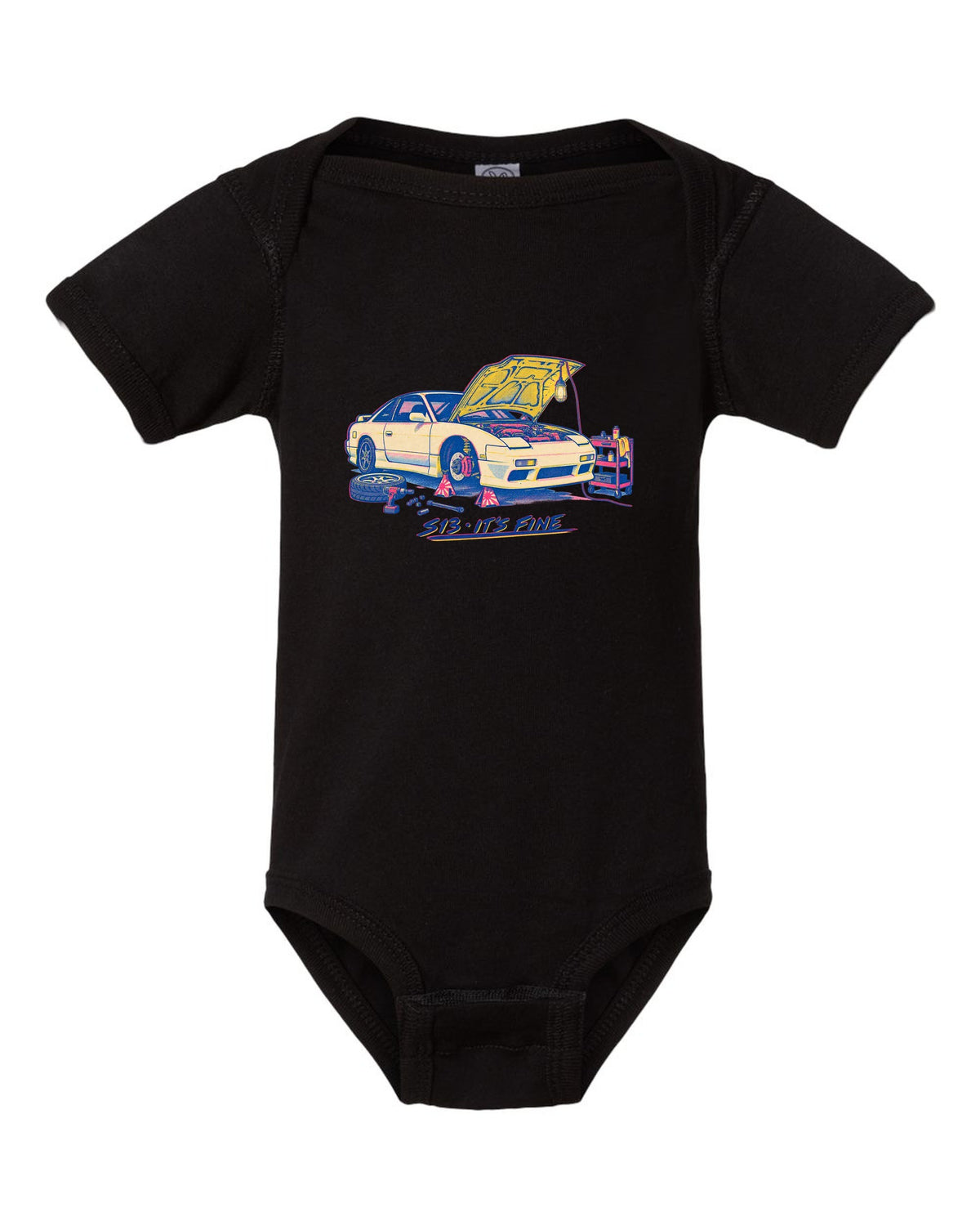 Risograph workshop print of a Nissan S13 with S13 it's fine lettering black baby onesie front view with the design