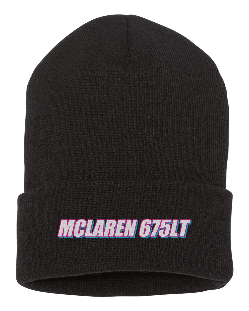 Mclaren 675Lt black beanie front view with car name