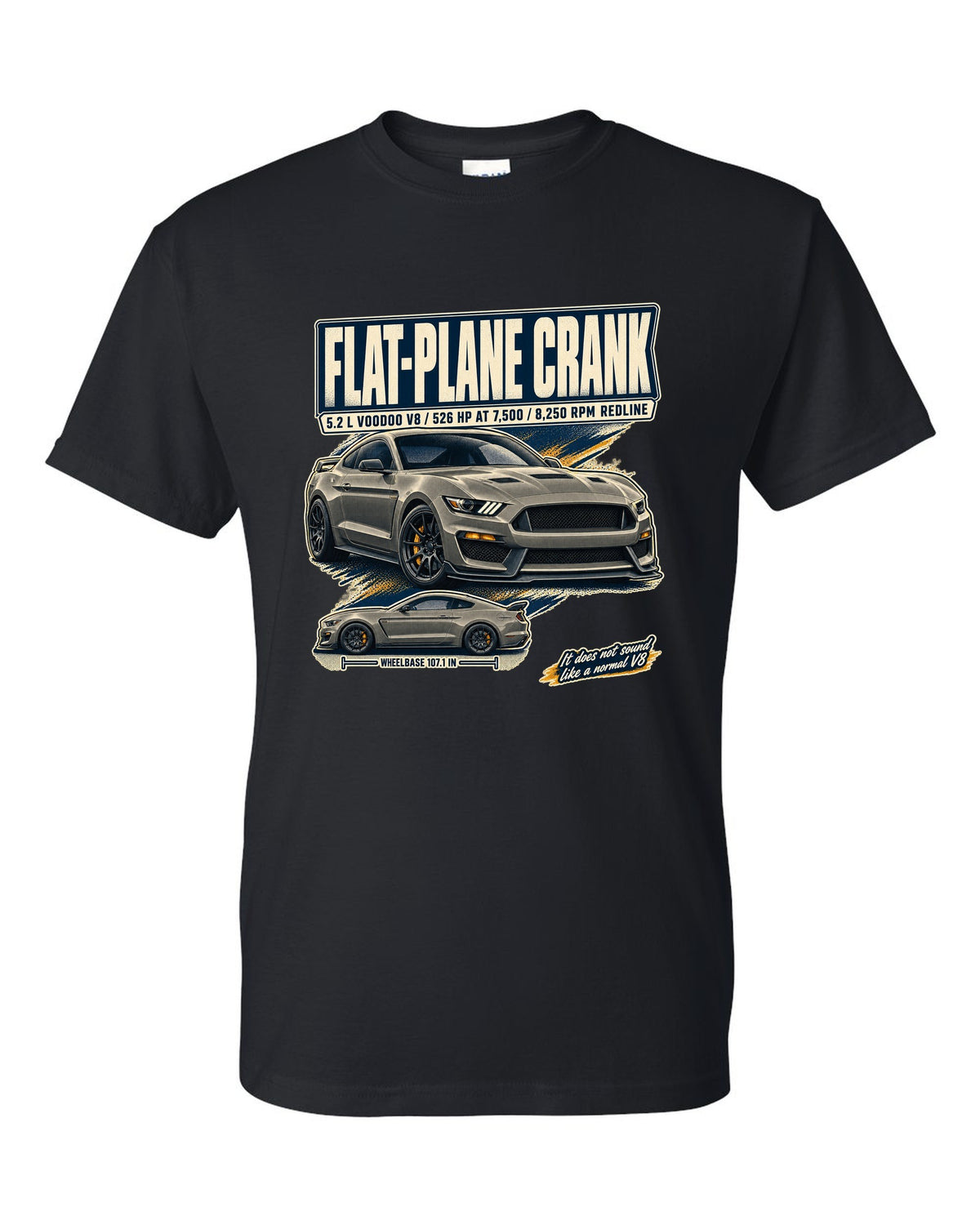 Ford Mustang S550 Shelby GT350 editorial headline print about the flat-plane crank V8 black t-shirt front view with the design