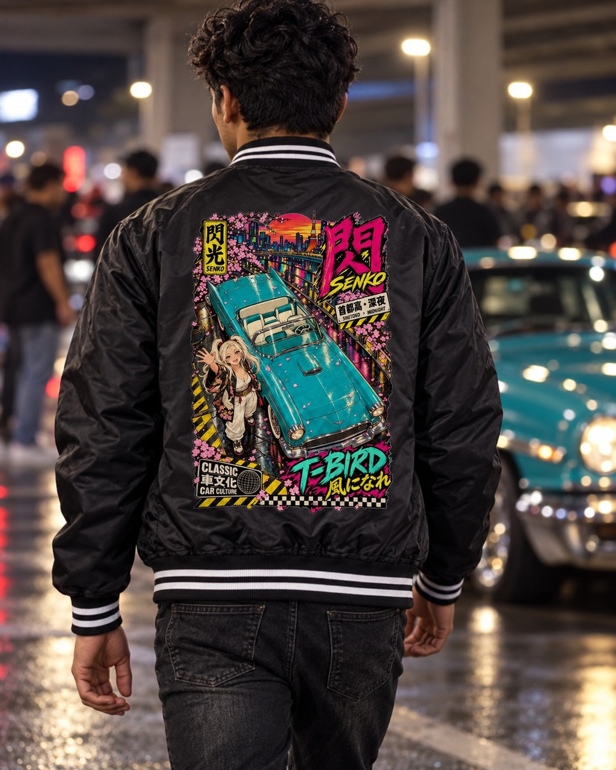 SENKO T-BIRD Anime Girl Full-Back Graphic Tee Bomber Jacket Black worn hero