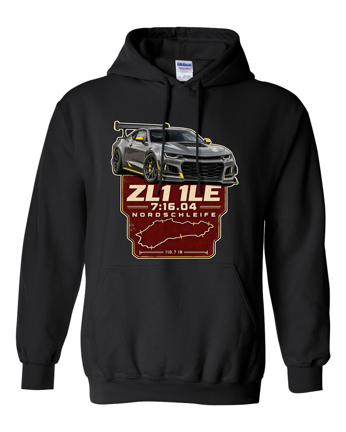 Lap time poster print of a Chevrolet Camaro ZL1 1LE black pull over hoodie front view with the design