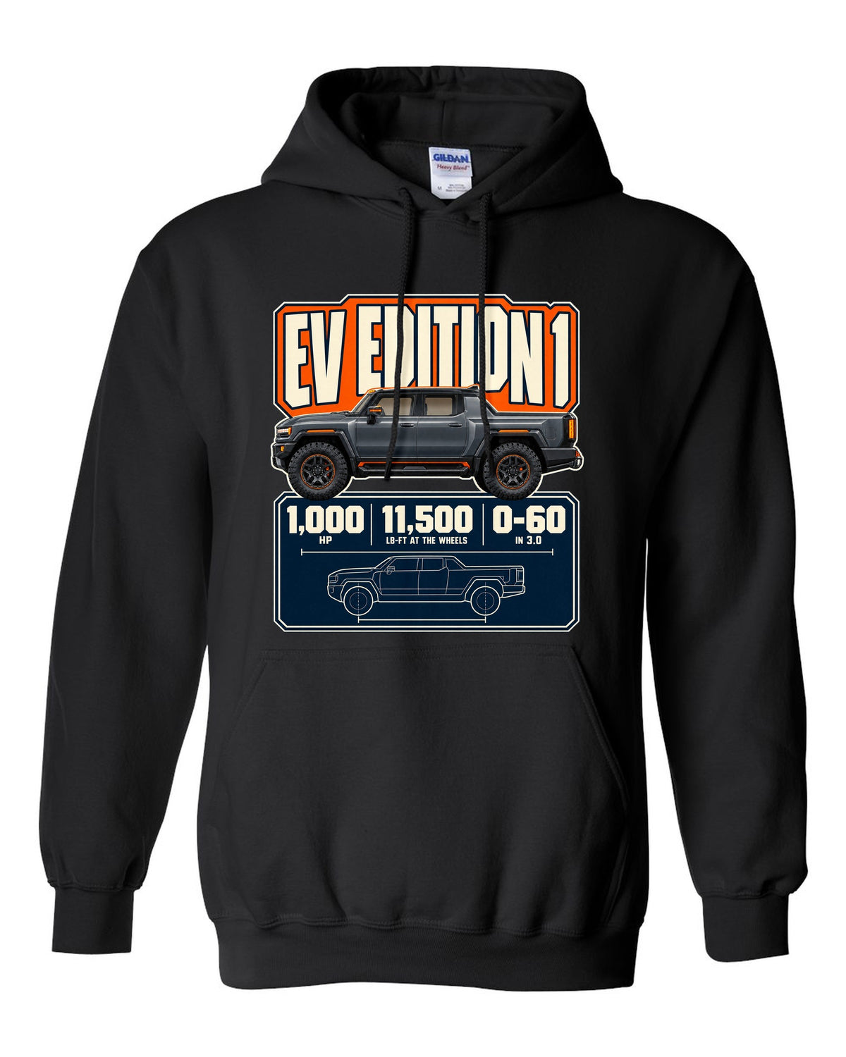 Spec poster print of the Hummer EV Edition 1 with horsepower and torque figures black pull over hoodie front view with the design