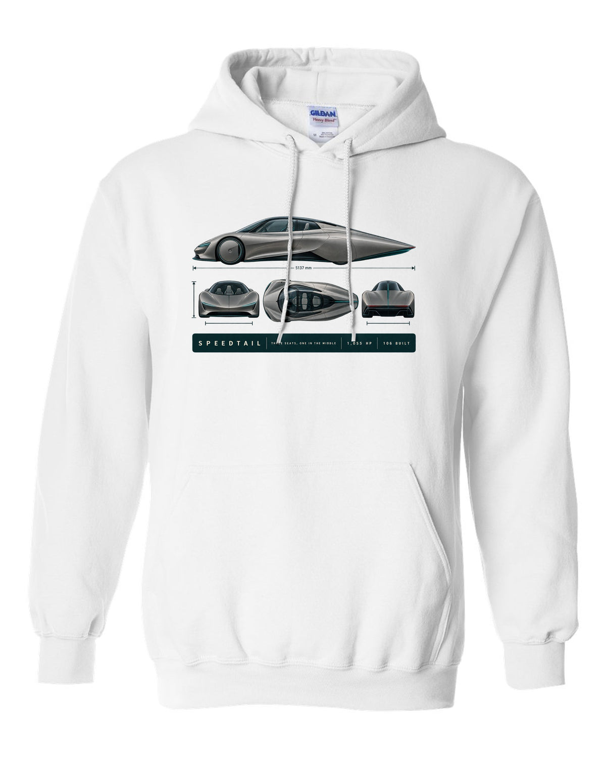 Warm grey and teal length blueprint print of a McLaren Speedtail white pull over hoodie front view with the design