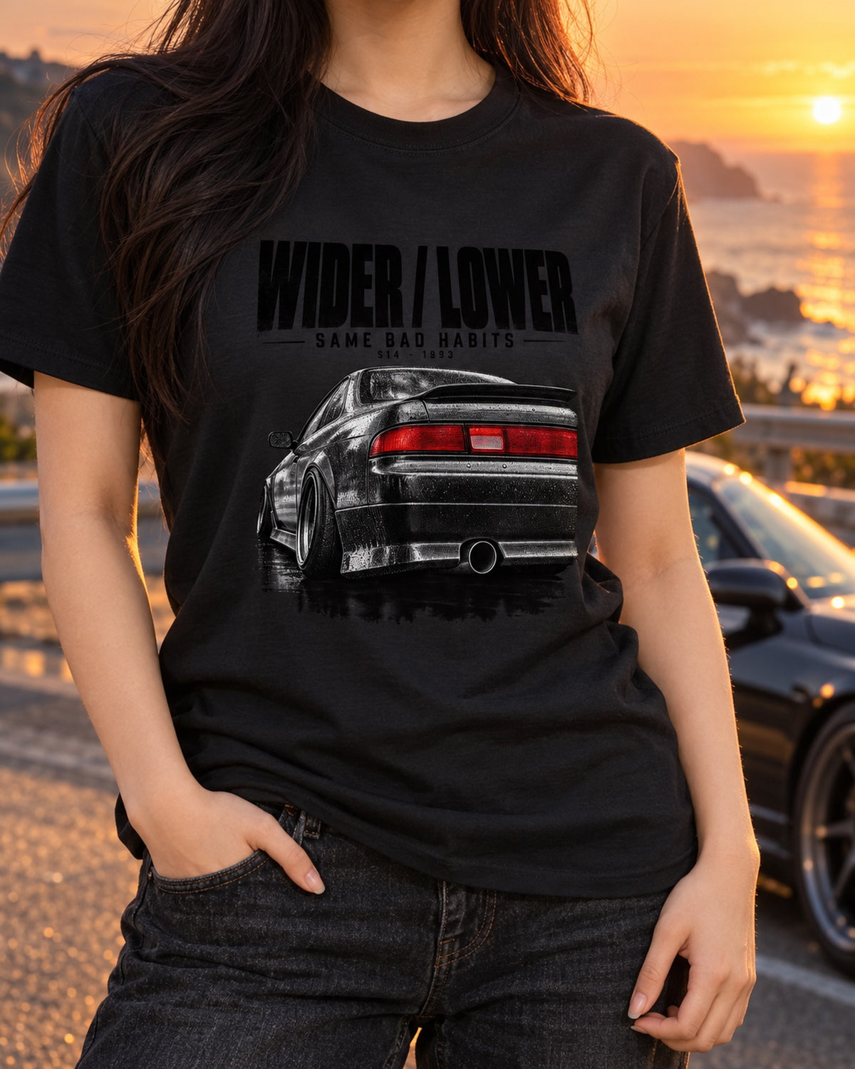 S14 Silvia Zenki Taillight Macro Tee, Wider Lower Bad Habits T-Shirt Black worn hero
