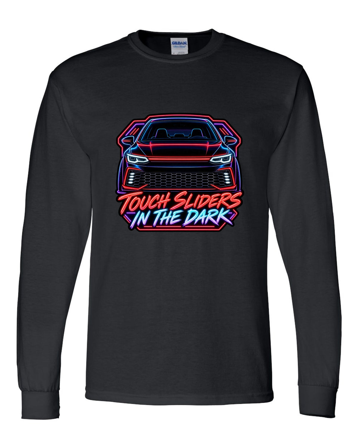 Neon sign line art of a VW Golf Mk8 GTI with touch sliders in the dark text black long sleeve front view with the design