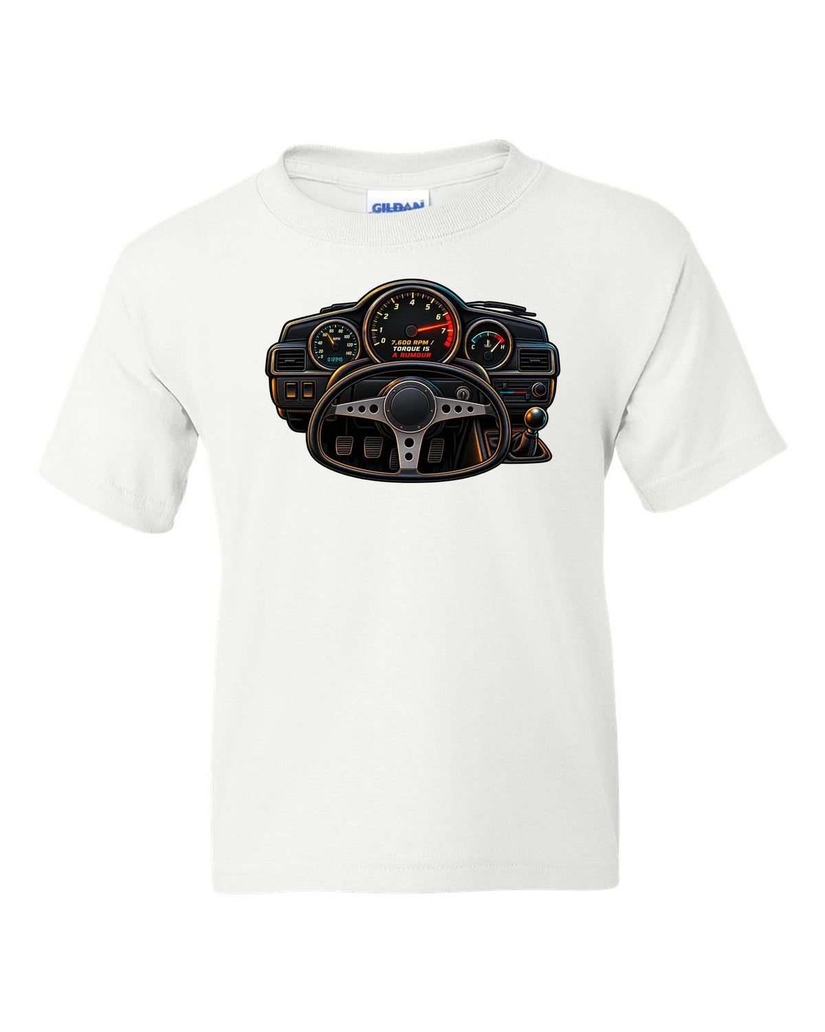 Linocut woodcut-style Toyota Corolla Levin AE86 with garage Saturday slogan white kids tee front view with the design