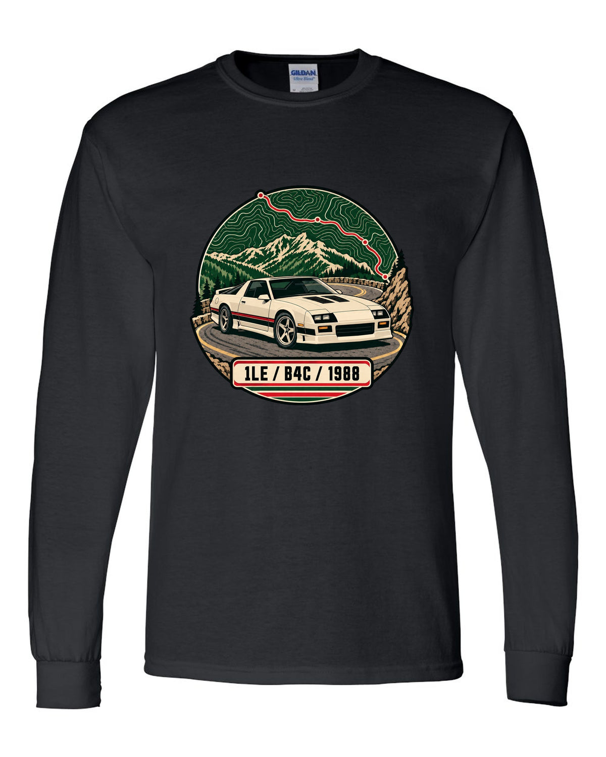 1988 Chevrolet Camaro 1LE topographic route map print with 1LE B4C 1988 text black long sleeve front view with the design